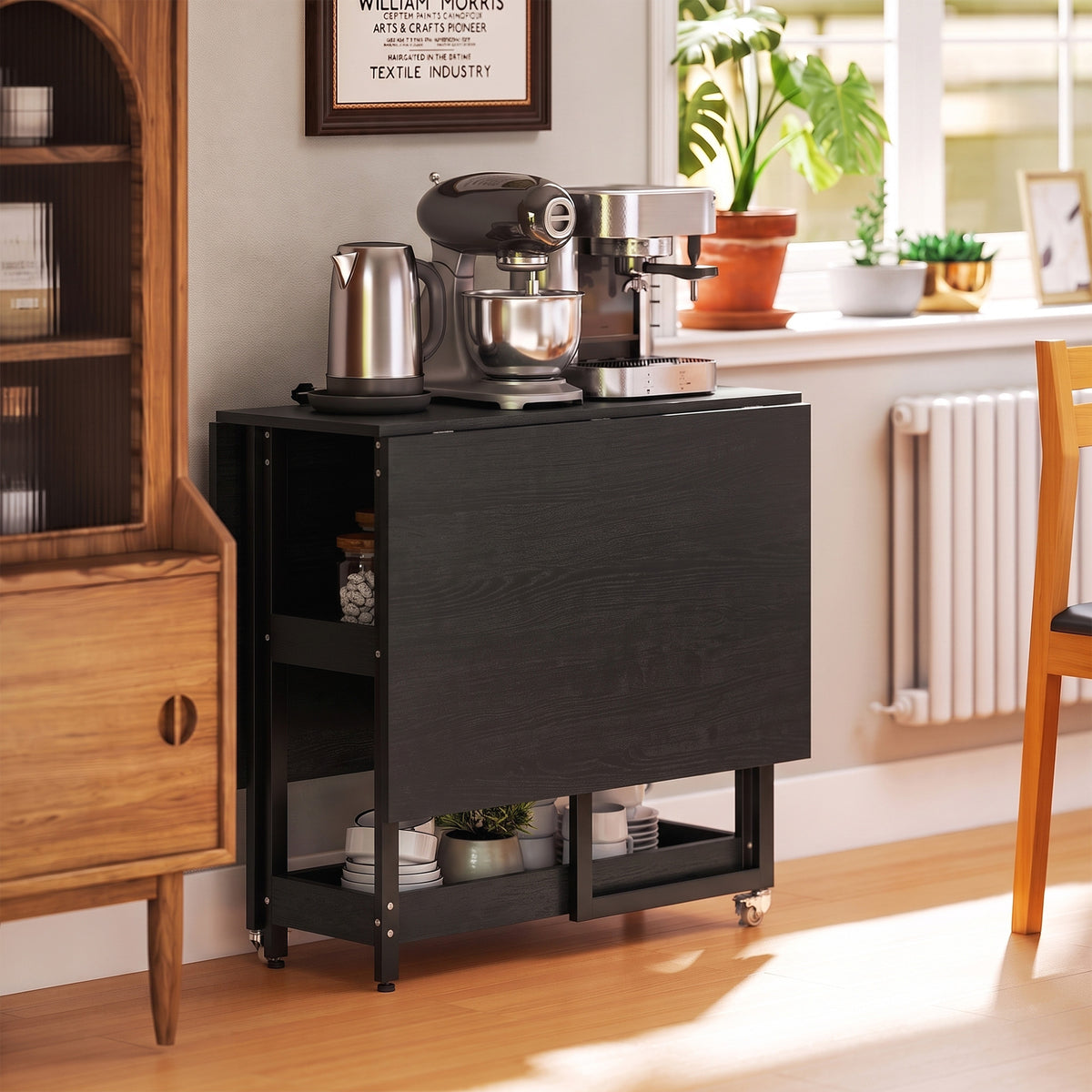 Folding Dining Table for 4, Space-Saving Drop-Leaf Kitchen Table with Storage Shelves and Wheels for Small Spaces, Dining Room or Kitchen, Black