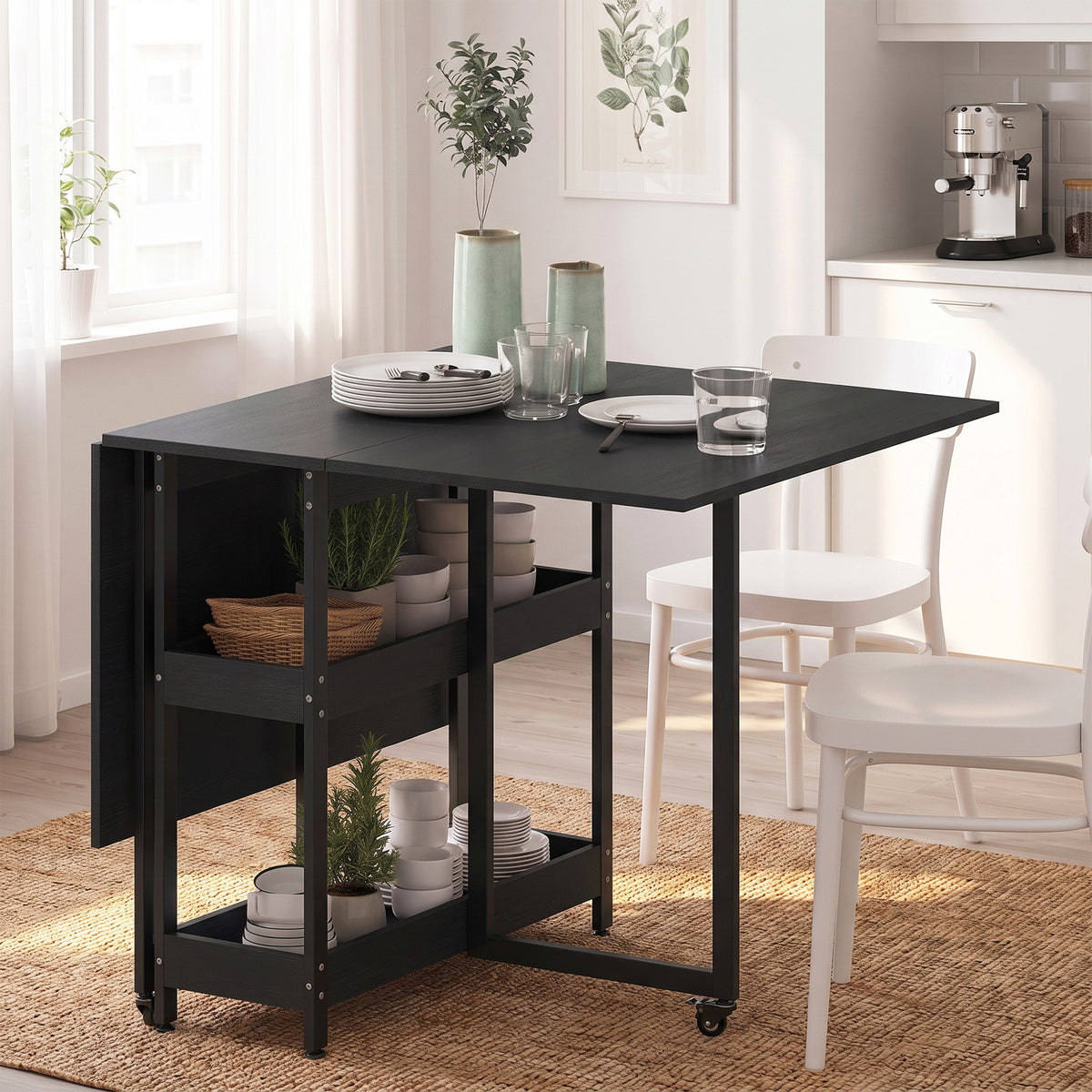 Folding Dining Table for 4, Space-Saving Drop-Leaf Kitchen Table with Storage Shelves and Wheels for Small Spaces, Dining Room or Kitchen, Black