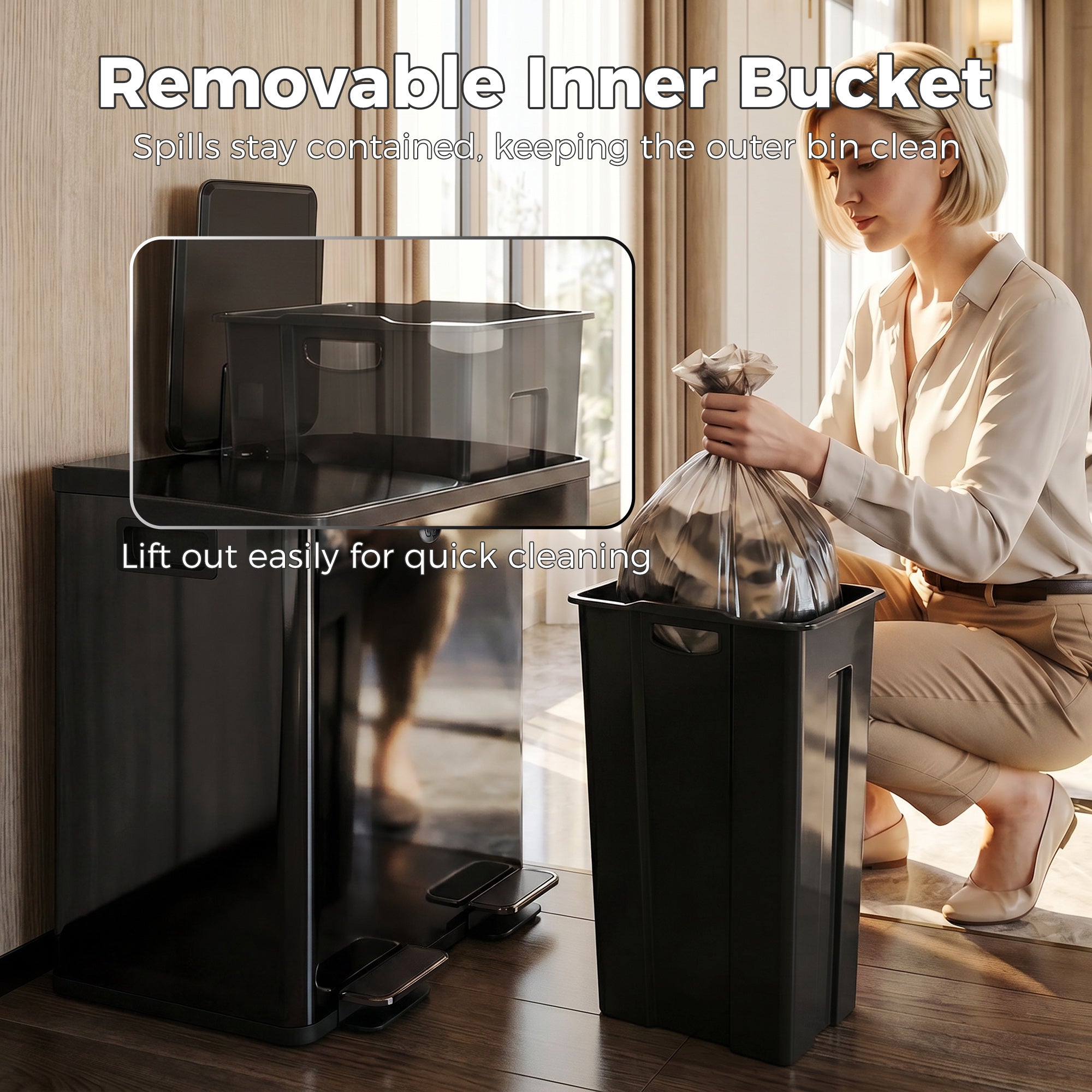 Trash Can, 2 x 5 Gallon Stainless Steel Garbage Can with Soft Close, Stay-Open Lid, Pedals, Inner Buckets and Deodorizer Compartment, Fingerprint-Proof, for Kitchen, Home Office, Black