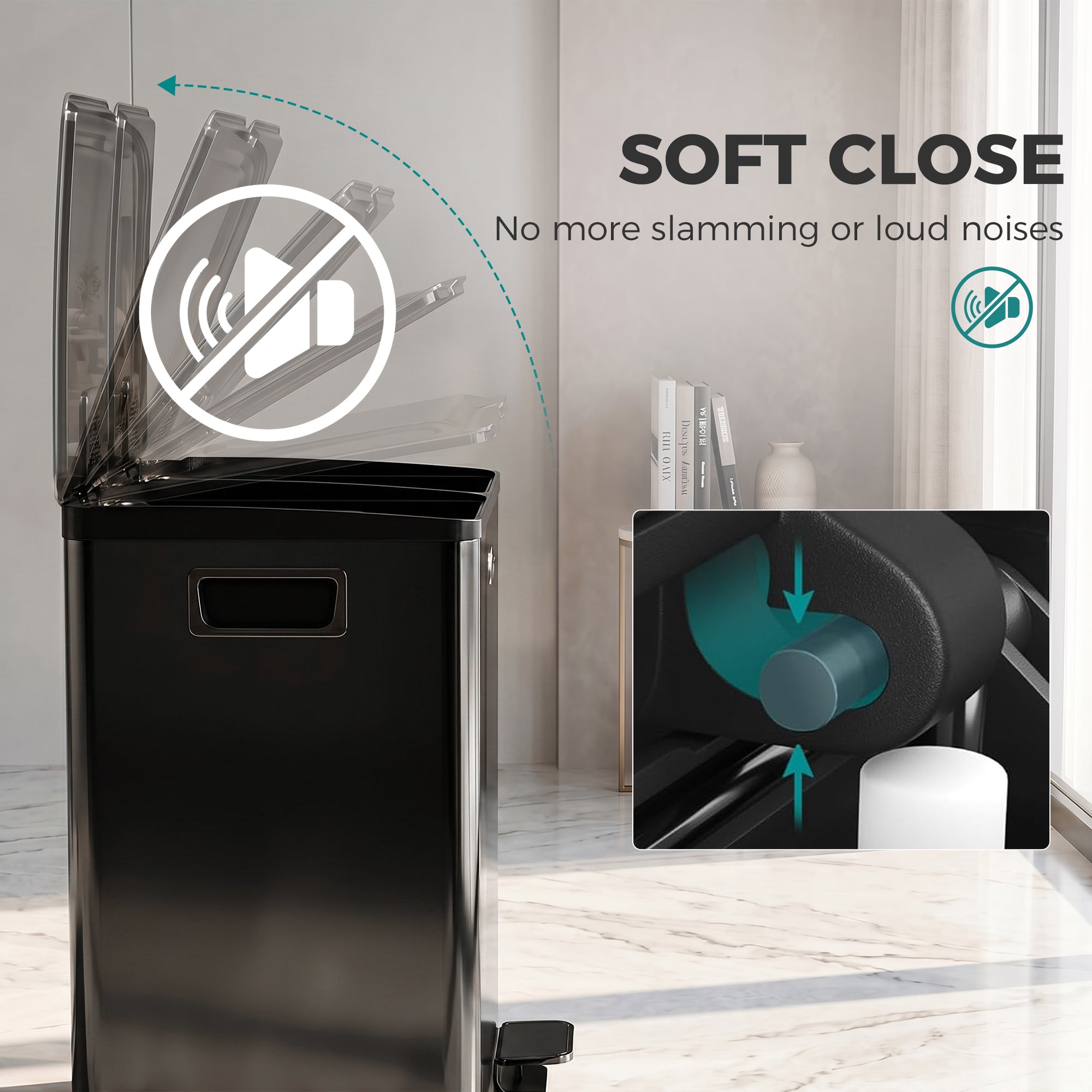 Trash Can, 2 x 5 Gallon Stainless Steel Garbage Can with Soft Close, Stay-Open Lid, Pedals, Inner Buckets and Deodorizer Compartment, Fingerprint-Proof, for Kitchen, Home Office, Black