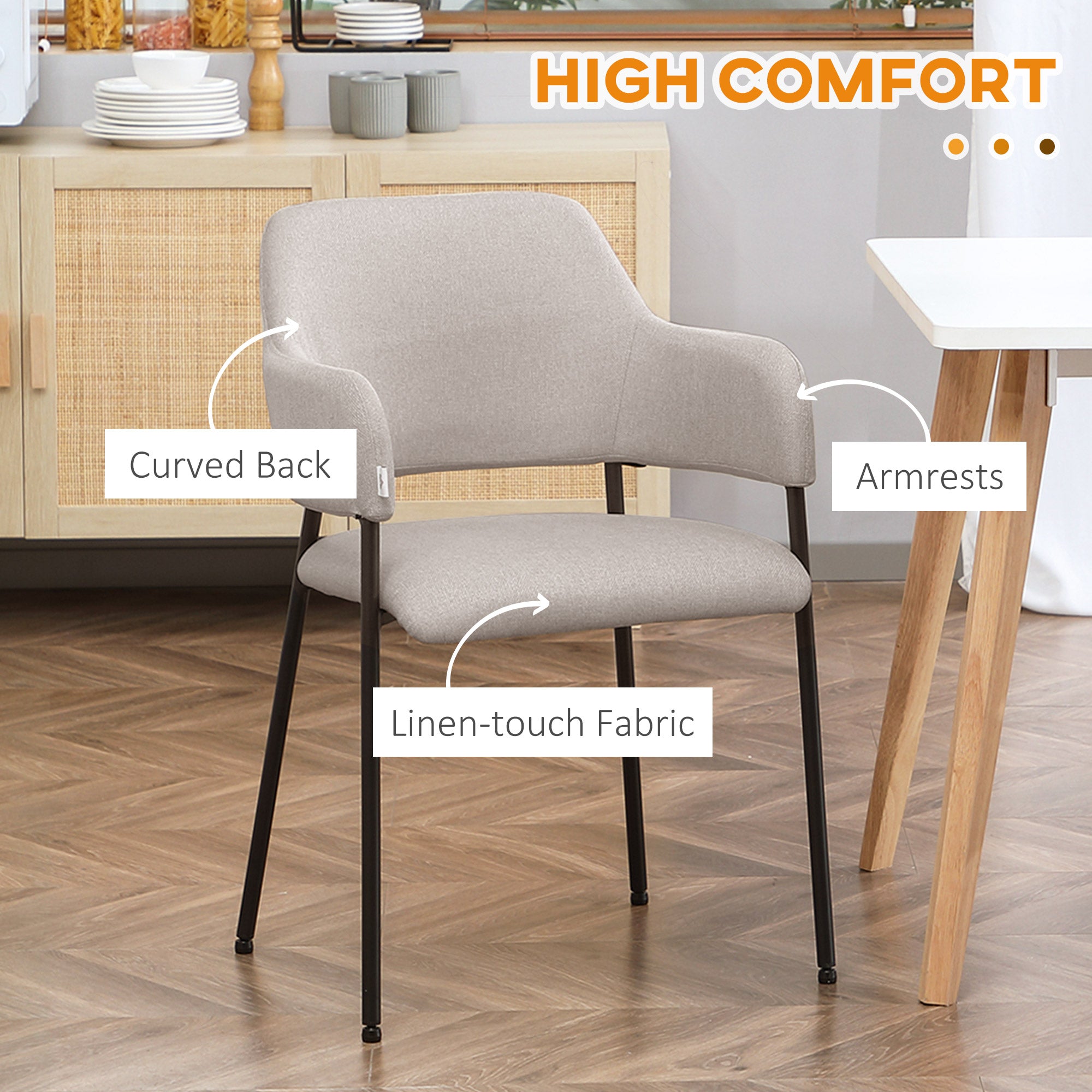 HOMCOM Modern Dining Chairs Set of 2, Linen Touch Fabric Accent Chairs with Armrests, Kitchen Chairs with Steel Legs for Living Room, Beige