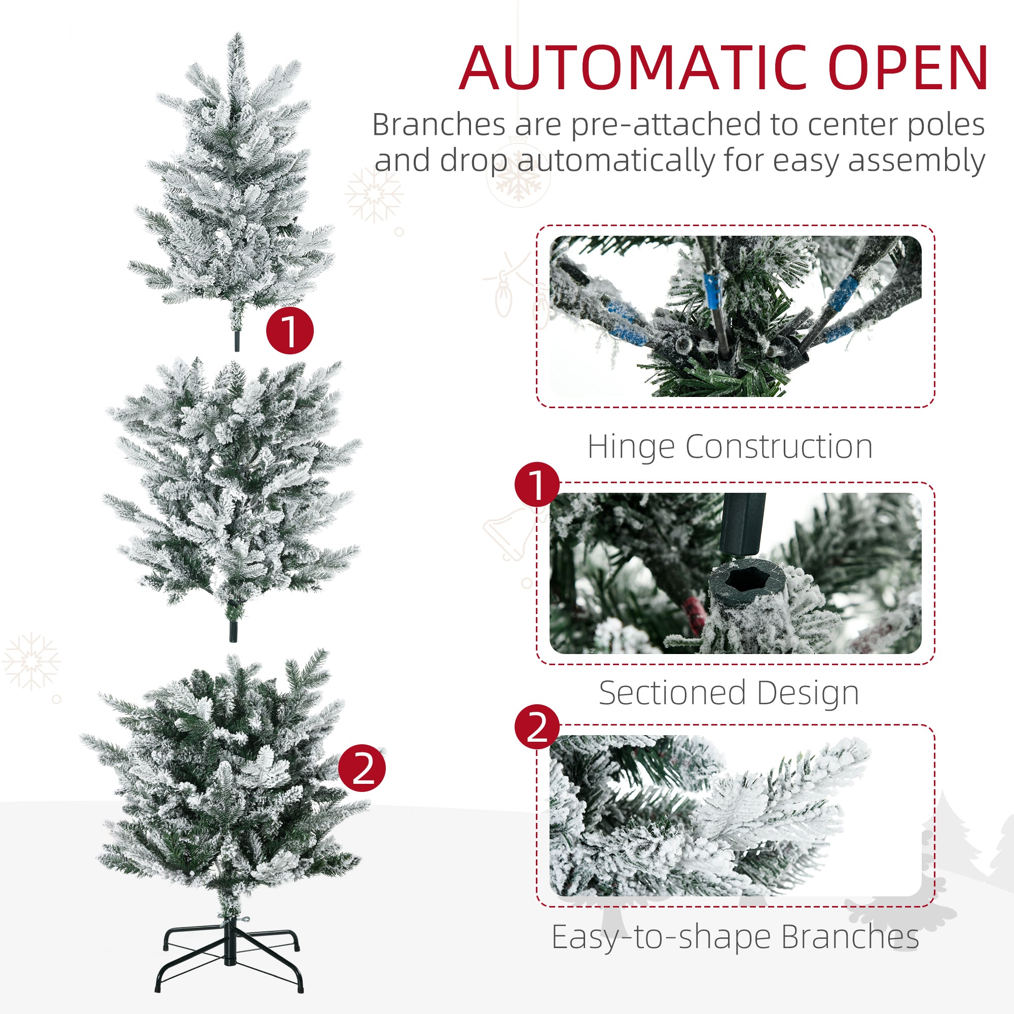 6' Artificial Flocked Christmas Trees, with Snow Frosted Branches, Auto Open, Steel Base