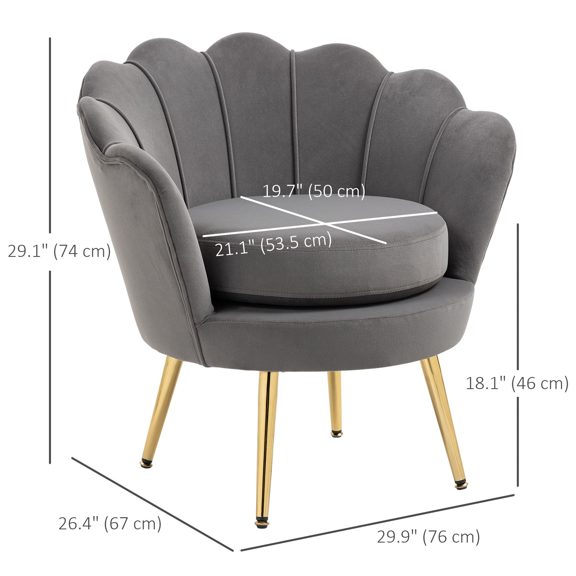 HOMCOM Modern Accent Chair, Velvet-Touch Fabric Leisure Club Chair with Gold Metal Legs for Bedroom, Grey