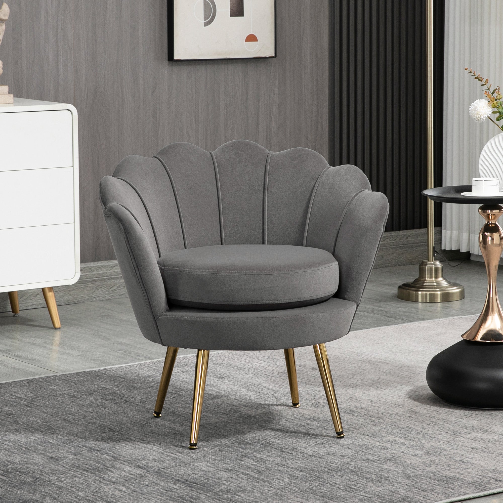 HOMCOM Modern Accent Chair, Velvet-Touch Fabric Leisure Club Chair with Gold Metal Legs for Bedroom, Grey