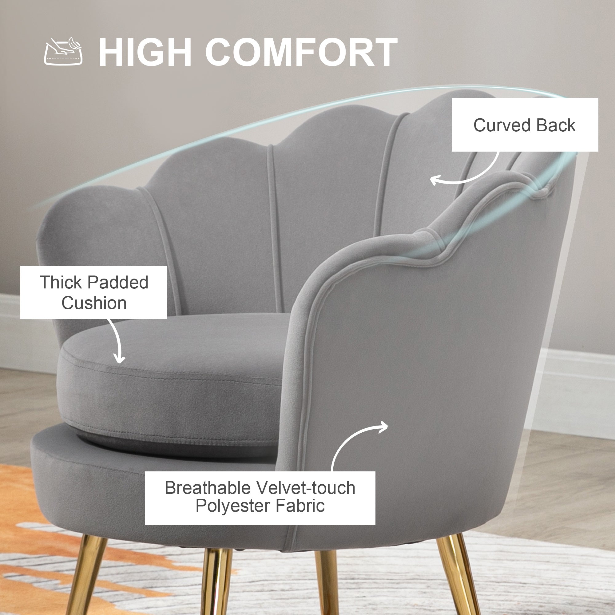 HOMCOM Modern Accent Chair, Velvet-Touch Fabric Leisure Club Chair with Gold Metal Legs for Bedroom, Grey