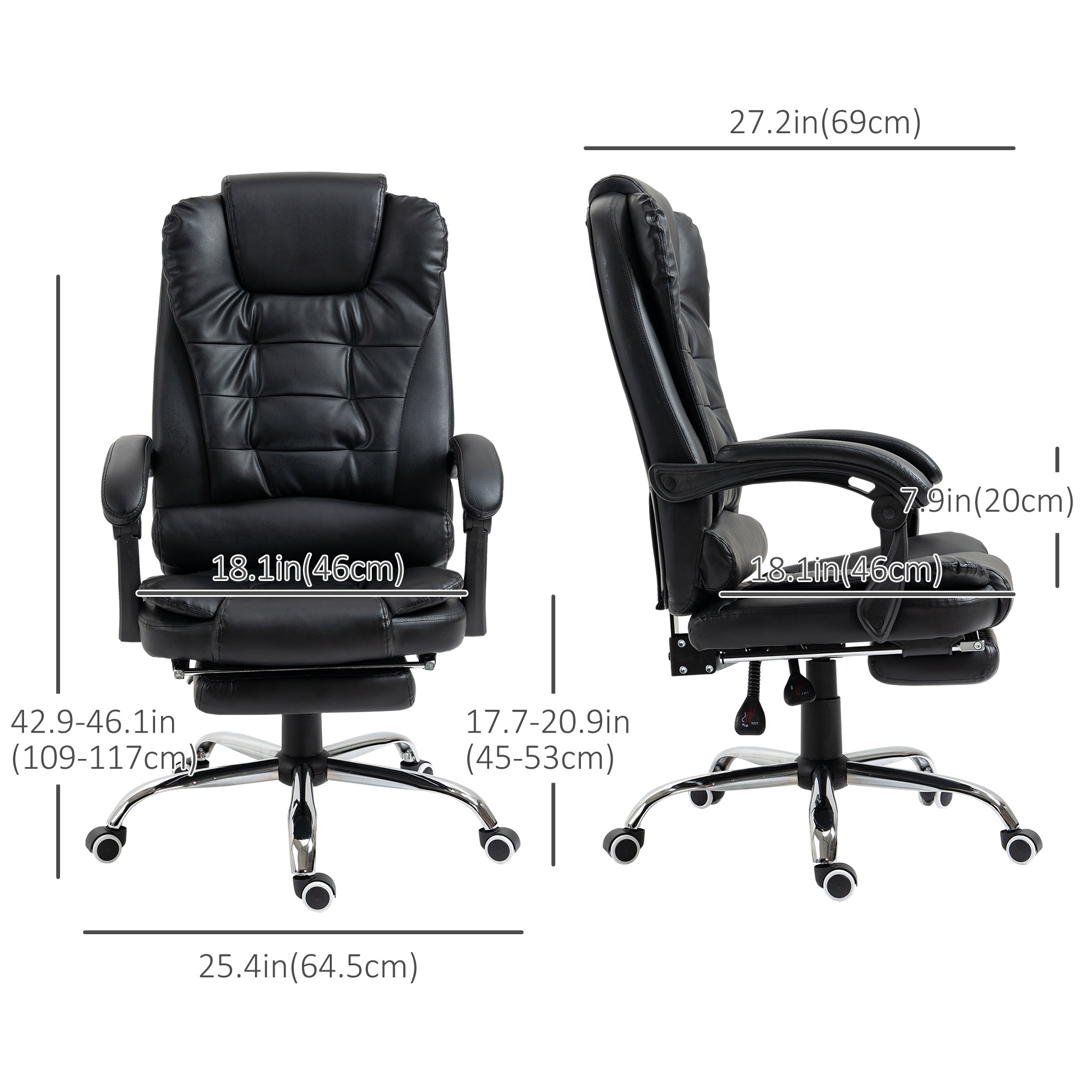 HOMCOM Executive Office Chair High Back PU Leather Reclining Chair with Retractable Footrest Padded Armrest Black