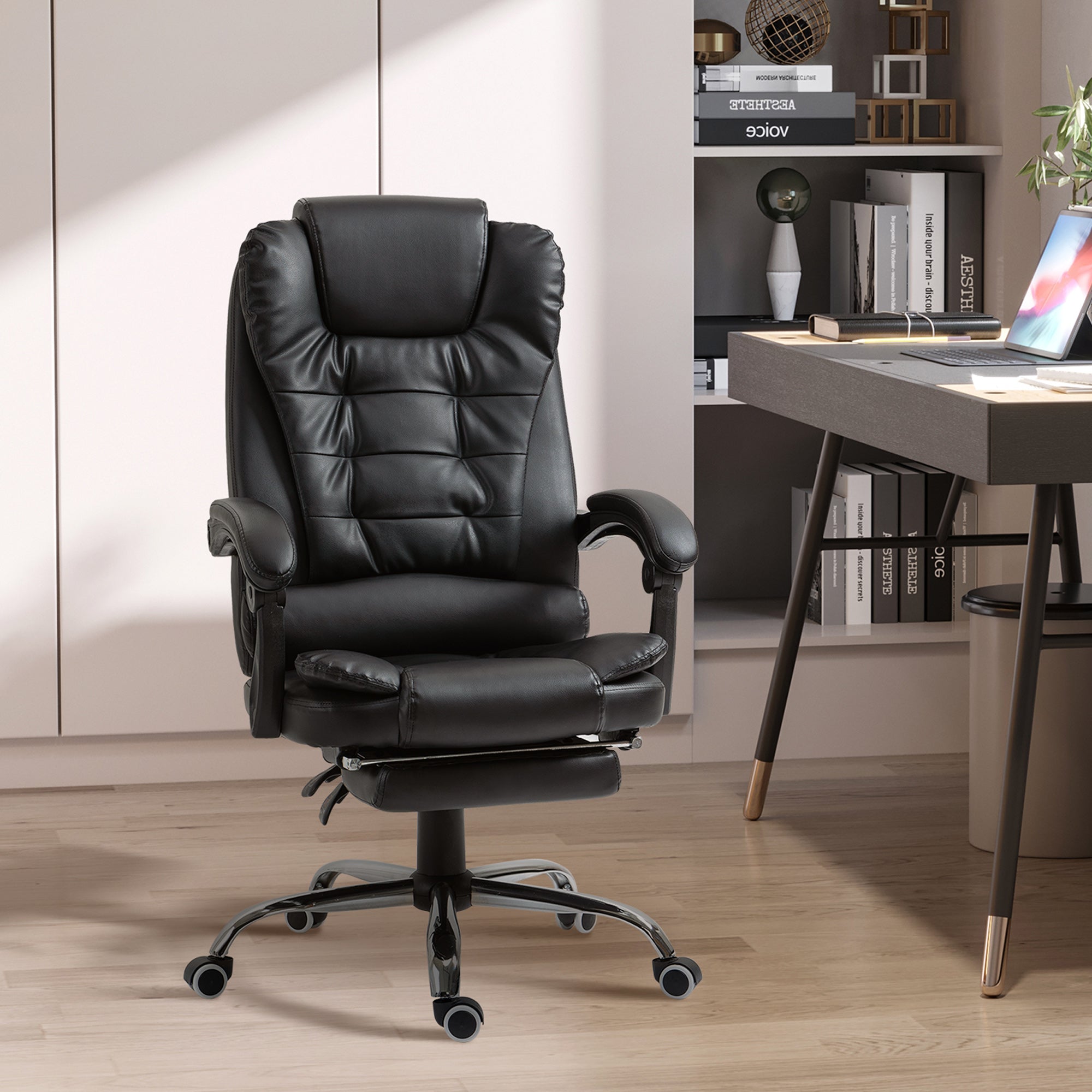 HOMCOM Executive Office Chair High Back PU Leather Reclining Chair with Retractable Footrest Padded Armrest Black