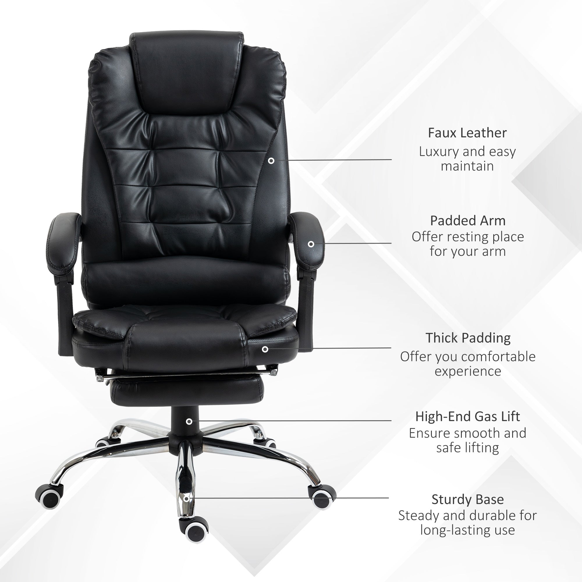 HOMCOM Executive Office Chair High Back PU Leather Reclining Chair with Retractable Footrest Padded Armrest Black