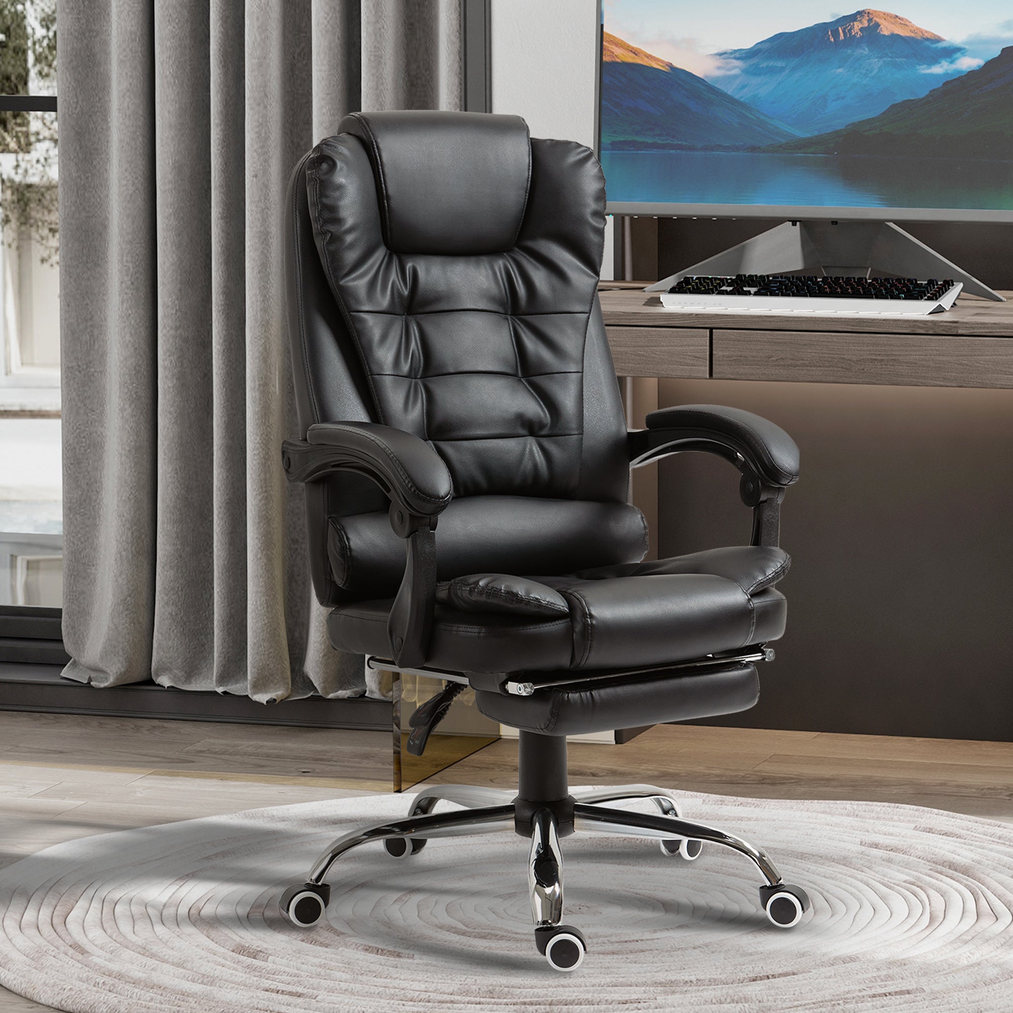 HOMCOM Executive Office Chair High Back PU Leather Reclining Chair with Retractable Footrest Padded Armrest Black