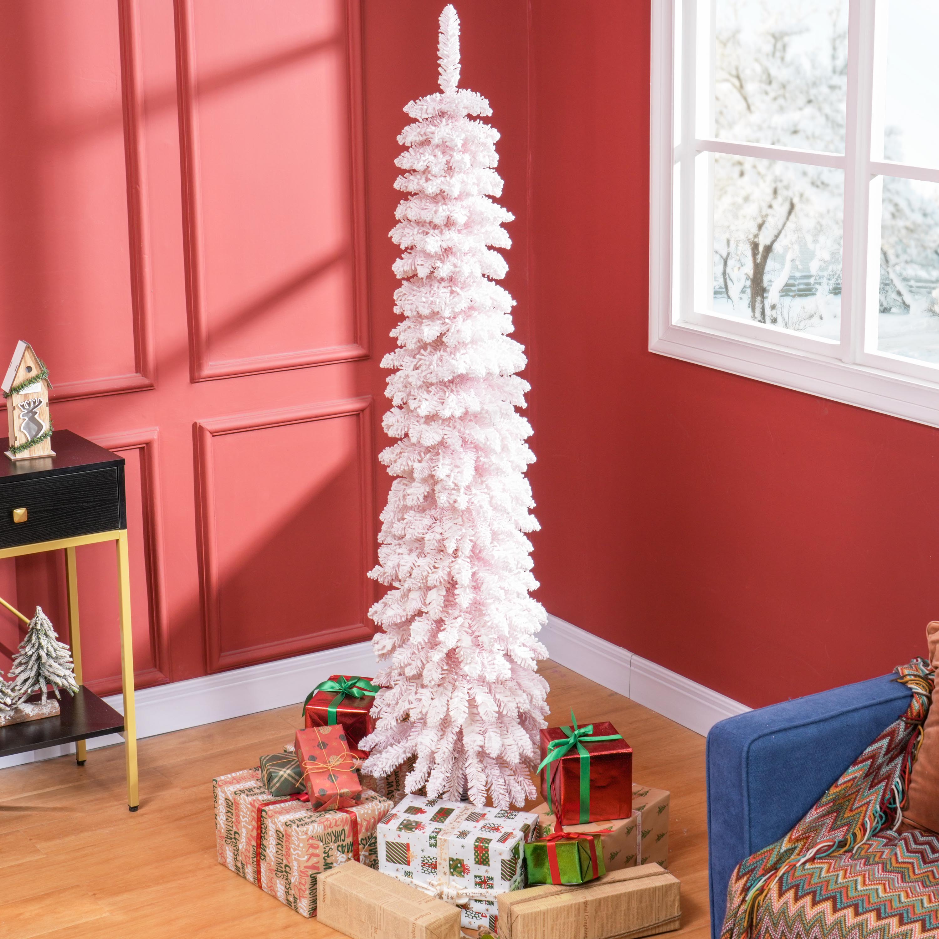 HOMCOM 6 FT Snow-Flocked Artificial Christmas Tree, Slim Pencil Xmas Tree with Realistic Branches, Metal Base, Pink