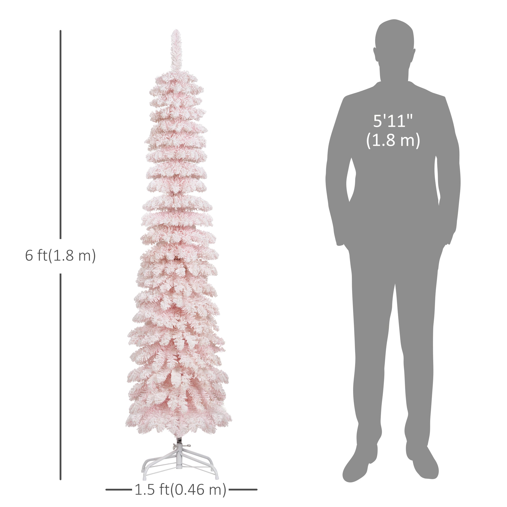 HOMCOM 6 FT Snow-Flocked Artificial Christmas Tree, Slim Pencil Xmas Tree with Realistic Branches, Metal Base, Pink