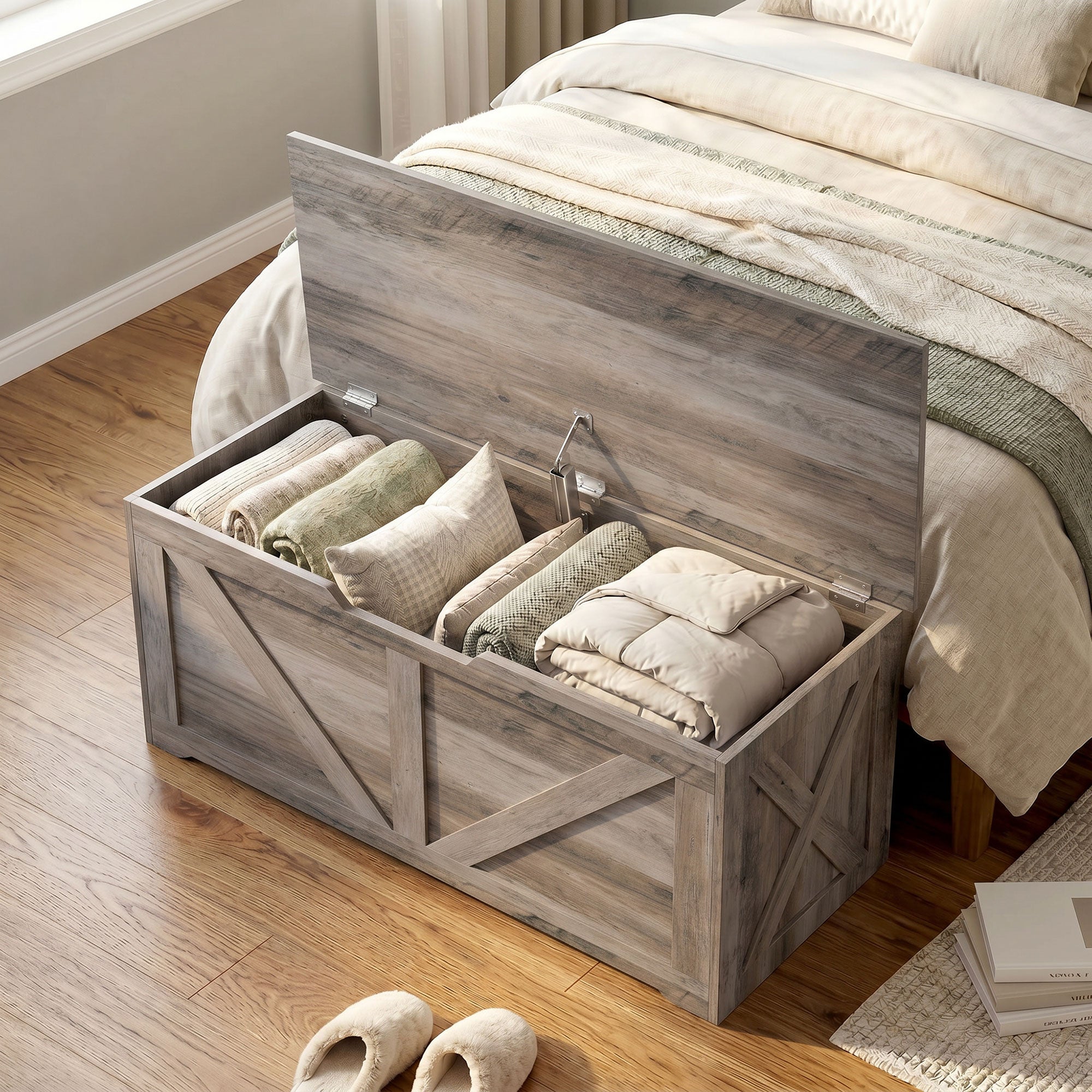 100L Storage Chest, Shoe Storage Trunk Bench Box with Safety Hinge and U-shaped Cut-out Pull, Blanket Box Ottoman for Bedroom, Living Room, Entryway, 80 x 40 x 45 cm, Grey Wood-Effect