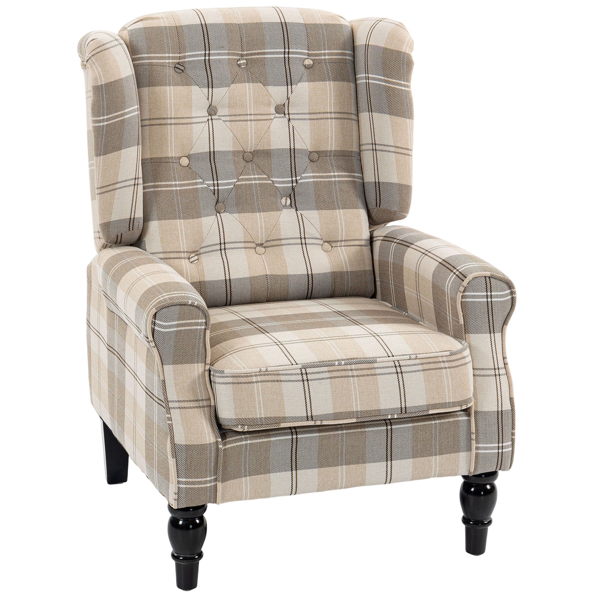 Wingback Accent Chair, Linen-Look Fabric Armchair with Thick Spring Cushion, High Back, Solid Wood Legs, Retro Button Tufted Reading Chair for Living Room, Bedroom, Khaki Plaid