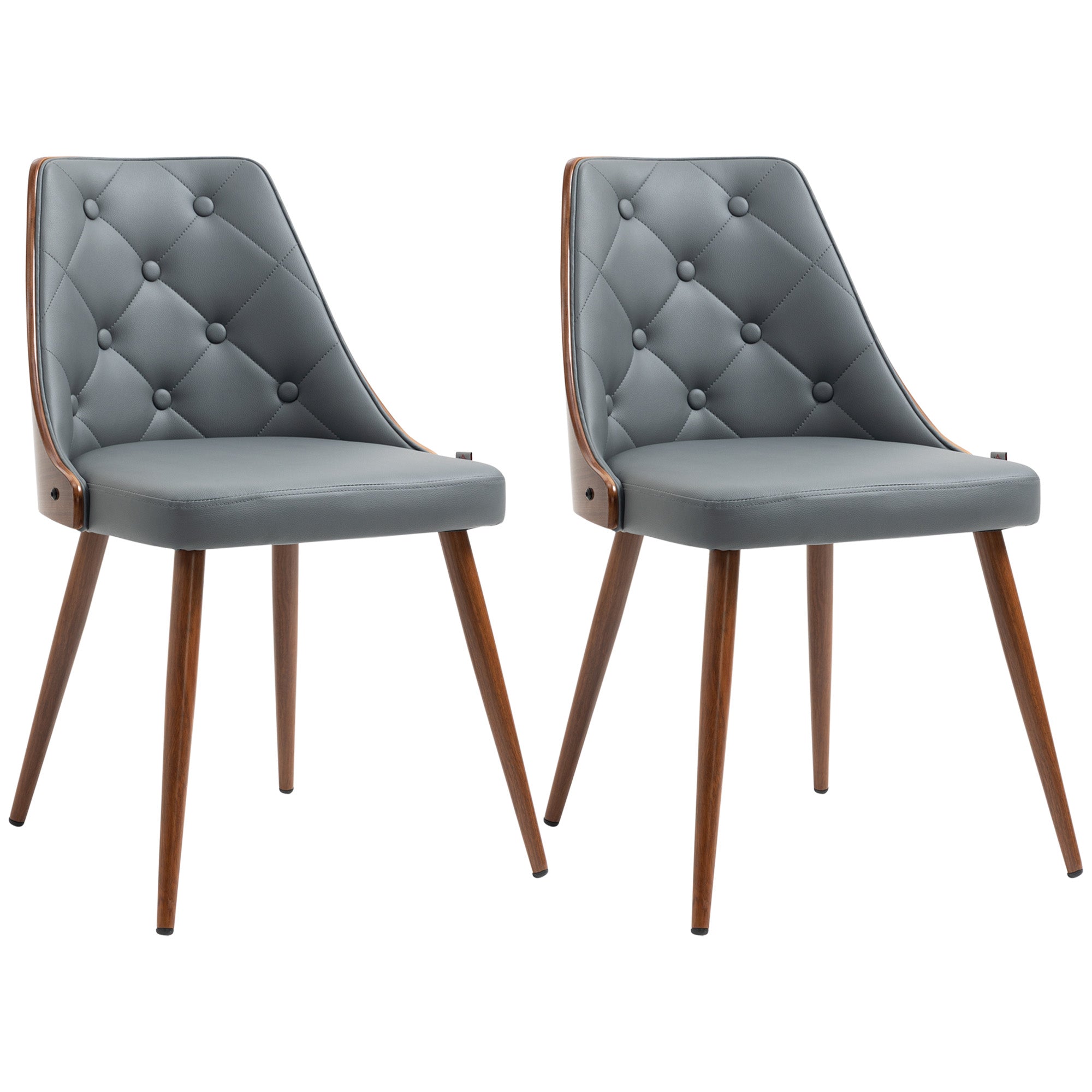 HOMCOM Modern Dining Chairs Set of 2, Makeup Chairs, Tufted Side Chairs, PU Leather Upholstered Seats, Solid Wood Back and Steel Legs, for Living Room, Dining Room, Bedroom, Grey