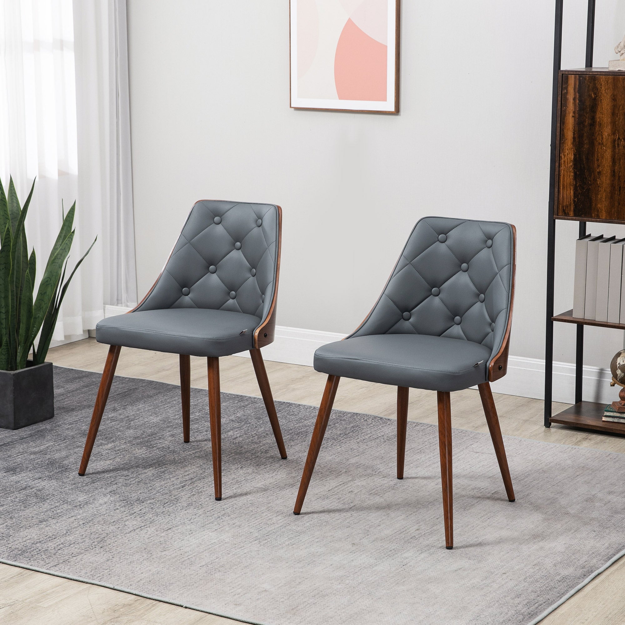 HOMCOM Modern Dining Chairs Set of 2, Makeup Chairs, Tufted Side Chairs, PU Leather Upholstered Seats, Solid Wood Back and Steel Legs, for Living Room, Dining Room, Bedroom, Grey