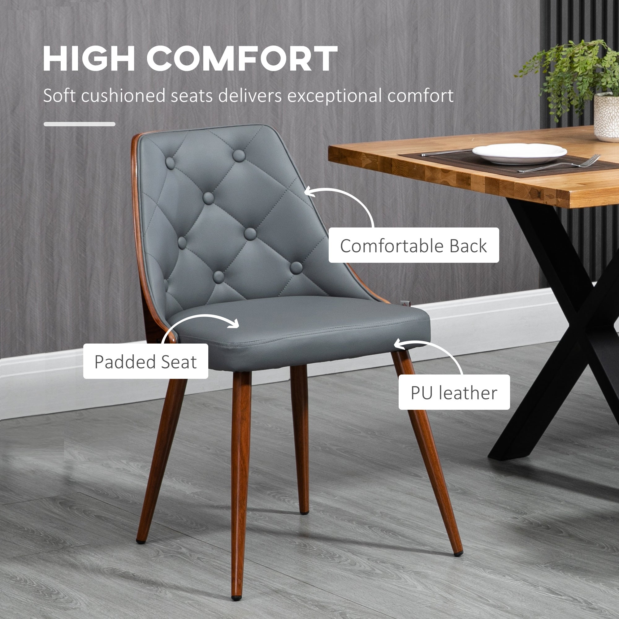 HOMCOM Modern Dining Chairs Set of 2, Makeup Chairs, Tufted Side Chairs, PU Leather Upholstered Seats, Solid Wood Back and Steel Legs, for Living Room, Dining Room, Bedroom, Grey