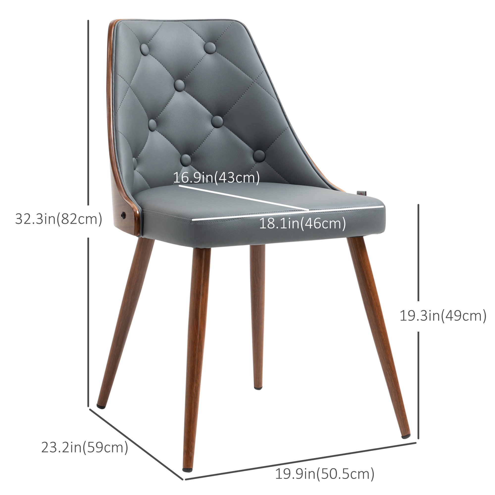 HOMCOM Modern Dining Chairs Set of 2, Makeup Chairs, Tufted Side Chairs, PU Leather Upholstered Seats, Solid Wood Back and Steel Legs, for Living Room, Dining Room, Bedroom, Grey