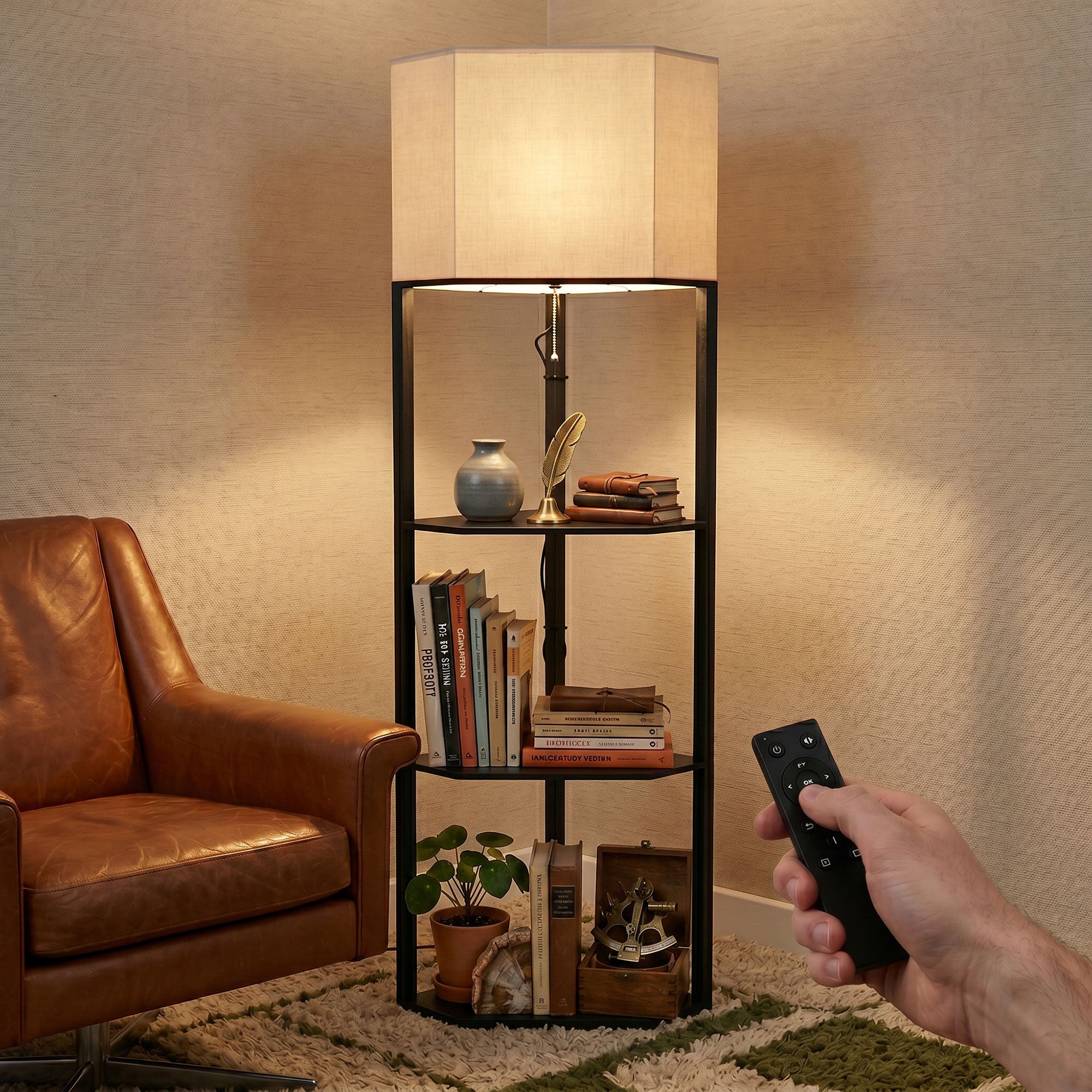 Corner Floor Lamp with Shelves and Lights, Modern Dimmable Standing Lamp with 3000K/4000K/6000K Colour Temperature, Chain Switch & Remote Control for Living Room, Bedroom, Black