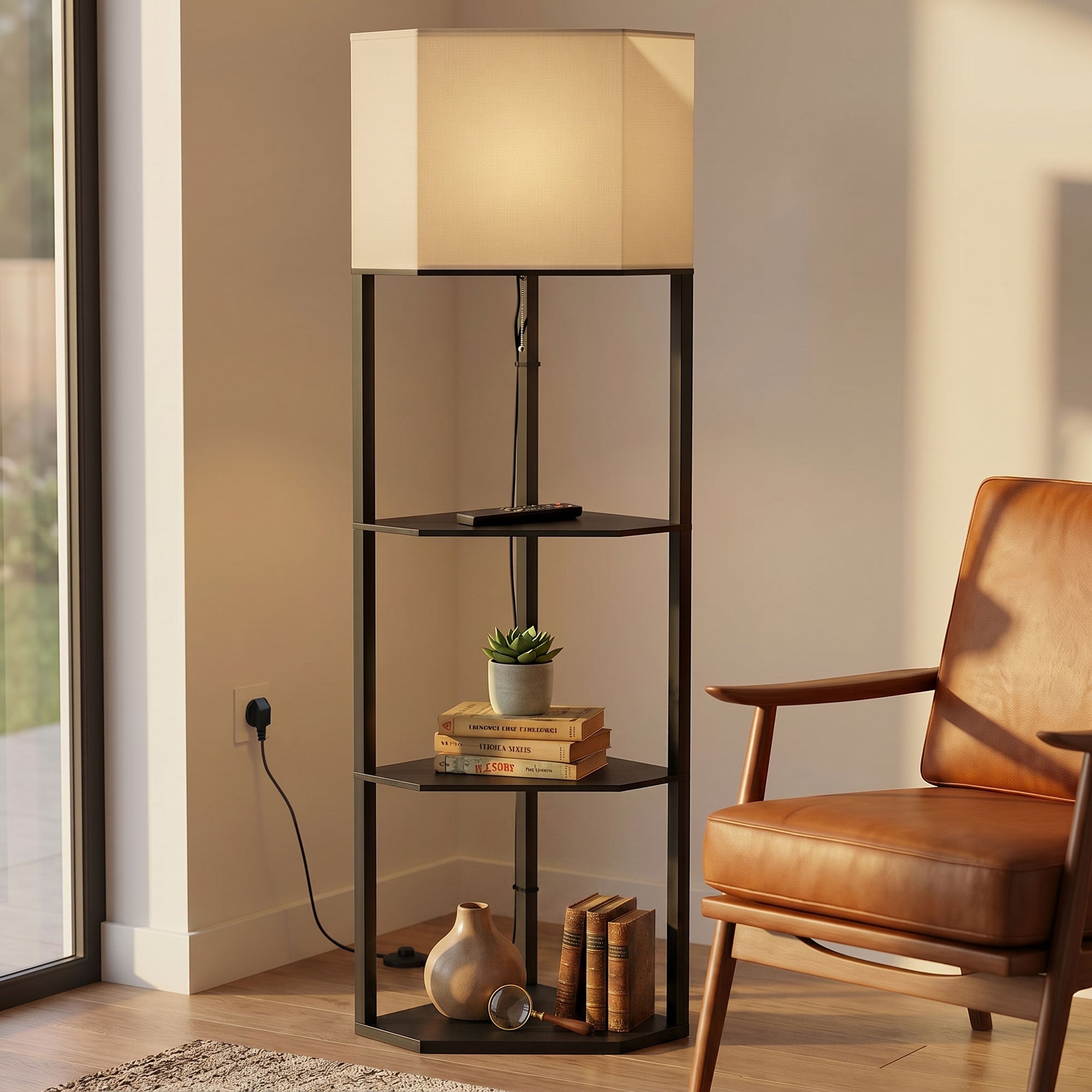 Corner Floor Lamp with Shelves and Lights, Modern Dimmable Standing Lamp with 3000K/4000K/6000K Colour Temperature, Chain Switch & Remote Control for Living Room, Bedroom, Black