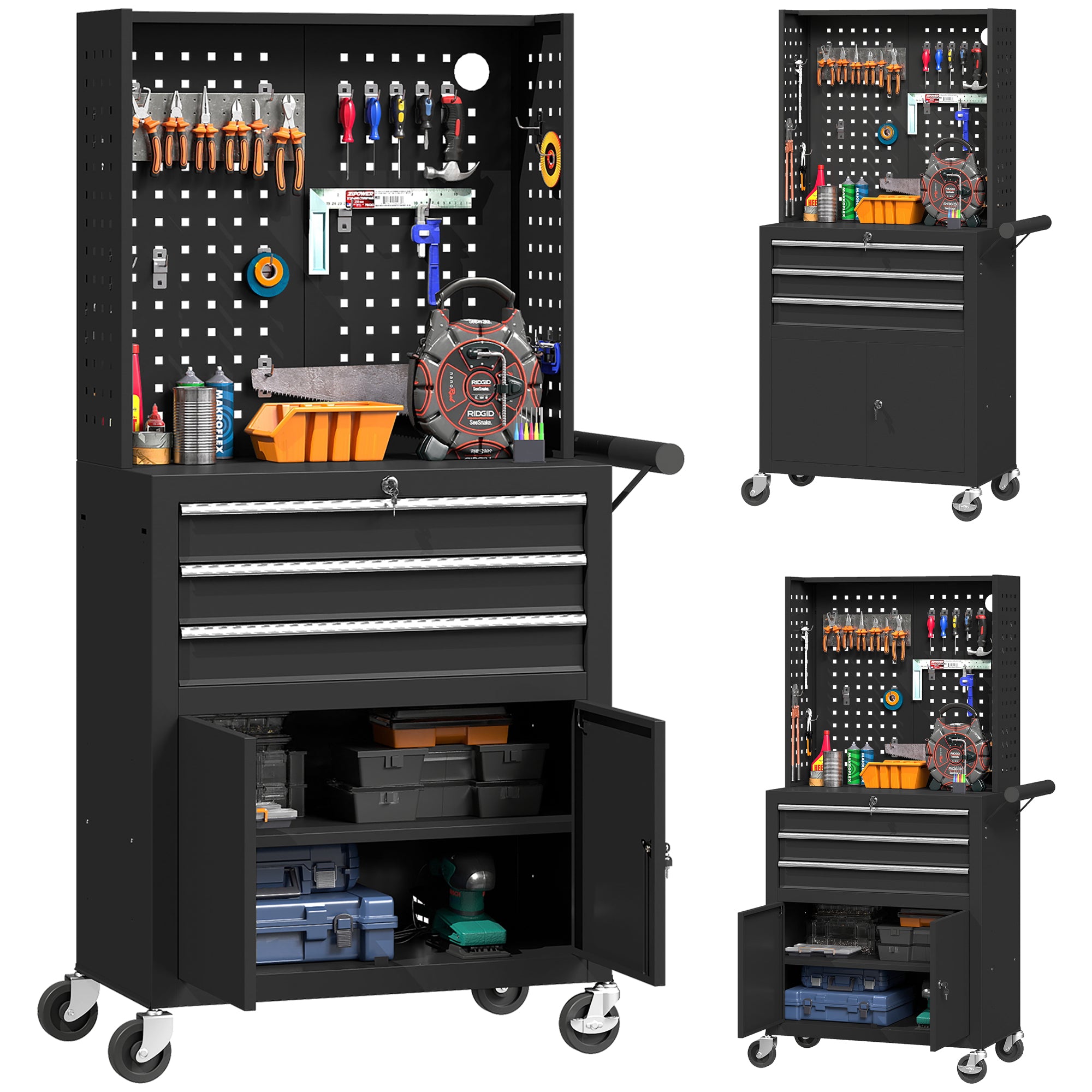 Rolling Tool Cabinet with Pegboard, Lockable Tool Chest with 3 Drawers and Adjustable Shelf, Mobile Tool Storage Organizer for Garage and Workshop, Black