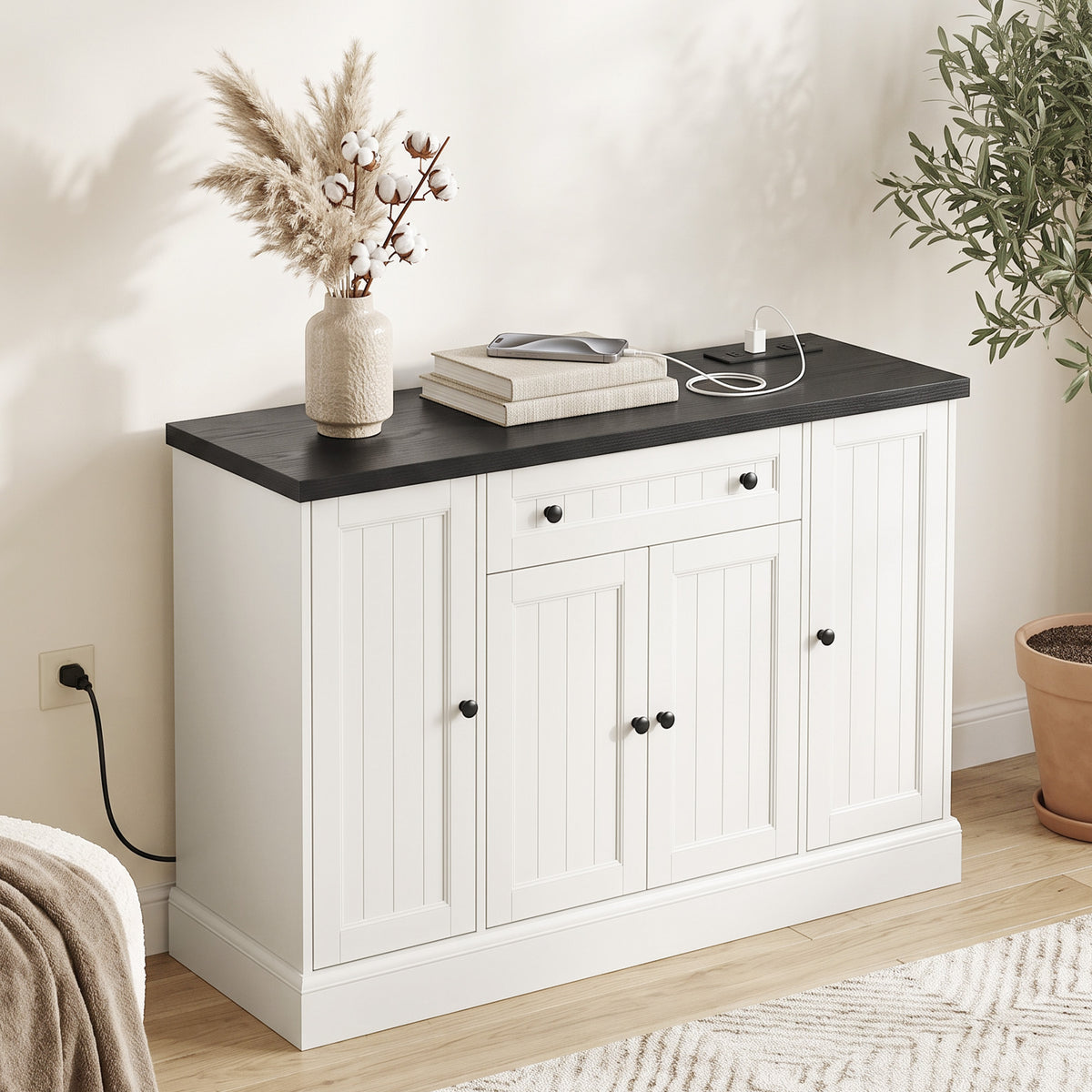 47" Farmhouse Sideboard Buffet Cabinet with Charging Station, Coffee Bar Cabinet with 3 Adjustable Shelves and 4 Doors, Kitchen Storage Cabinet with Drawer, White