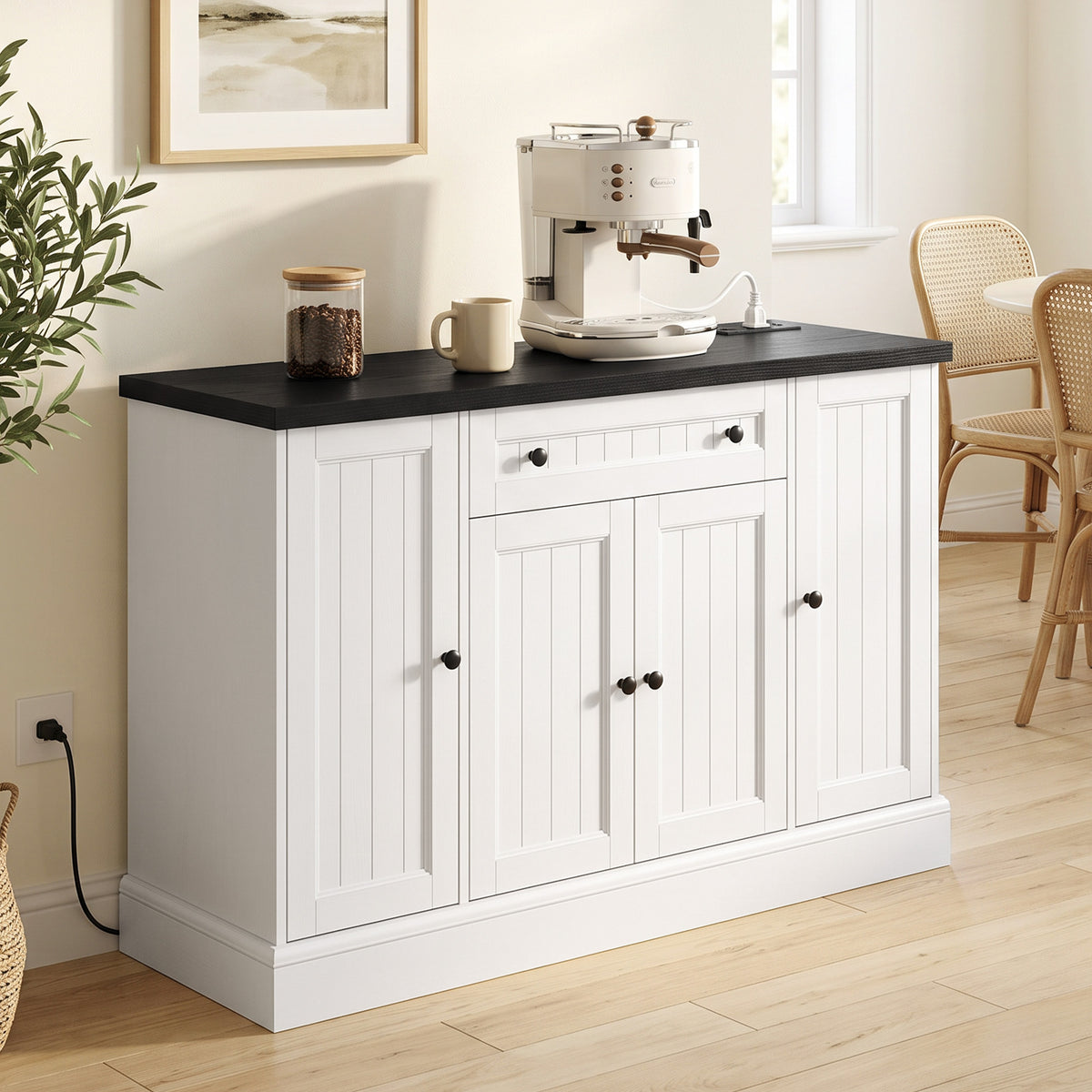 47" Farmhouse Sideboard Buffet Cabinet with Charging Station, Coffee Bar Cabinet with 3 Adjustable Shelves and 4 Doors, Kitchen Storage Cabinet with Drawer, White