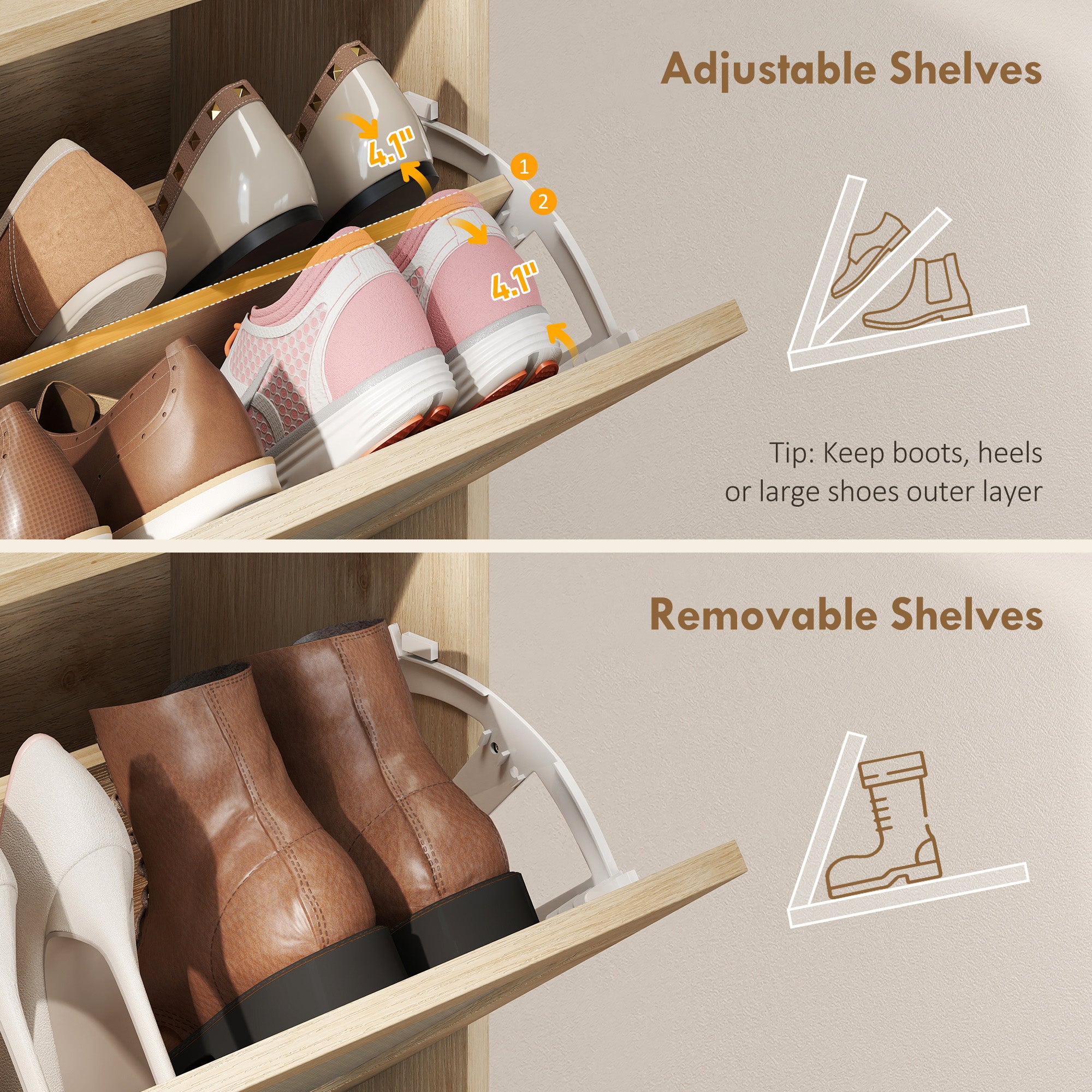 Shoe Cabinet with 2 Flip Drawers, Narrow Shoe Storage Cabinet with Adjustable Shelves, Raised Tabletop, Rattan Accent, Boho Storage Organizer for Entryway, Hallway, Holds 12-16 Pairs, Oak