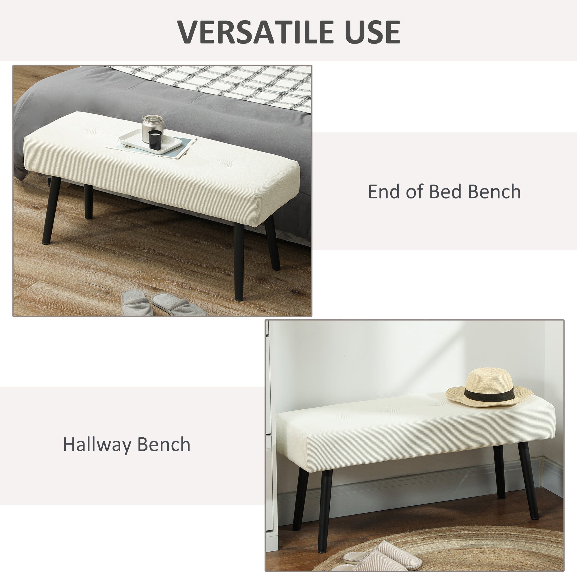 HOMCOM 39" Upholstered Entryway Bedroom Bench, Corduroy Ottoman Bench with Padded Seat and Steel Legs, Modern Tufted End of Bed Bench for Bedroom, Living Room, Hallway, Cream White