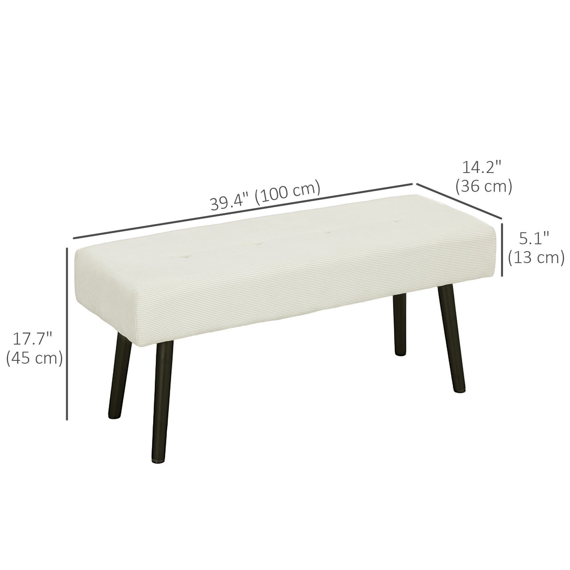 HOMCOM 39" Upholstered Entryway Bedroom Bench, Corduroy Ottoman Bench with Padded Seat and Steel Legs, Modern Tufted End of Bed Bench for Bedroom, Living Room, Hallway, Cream White