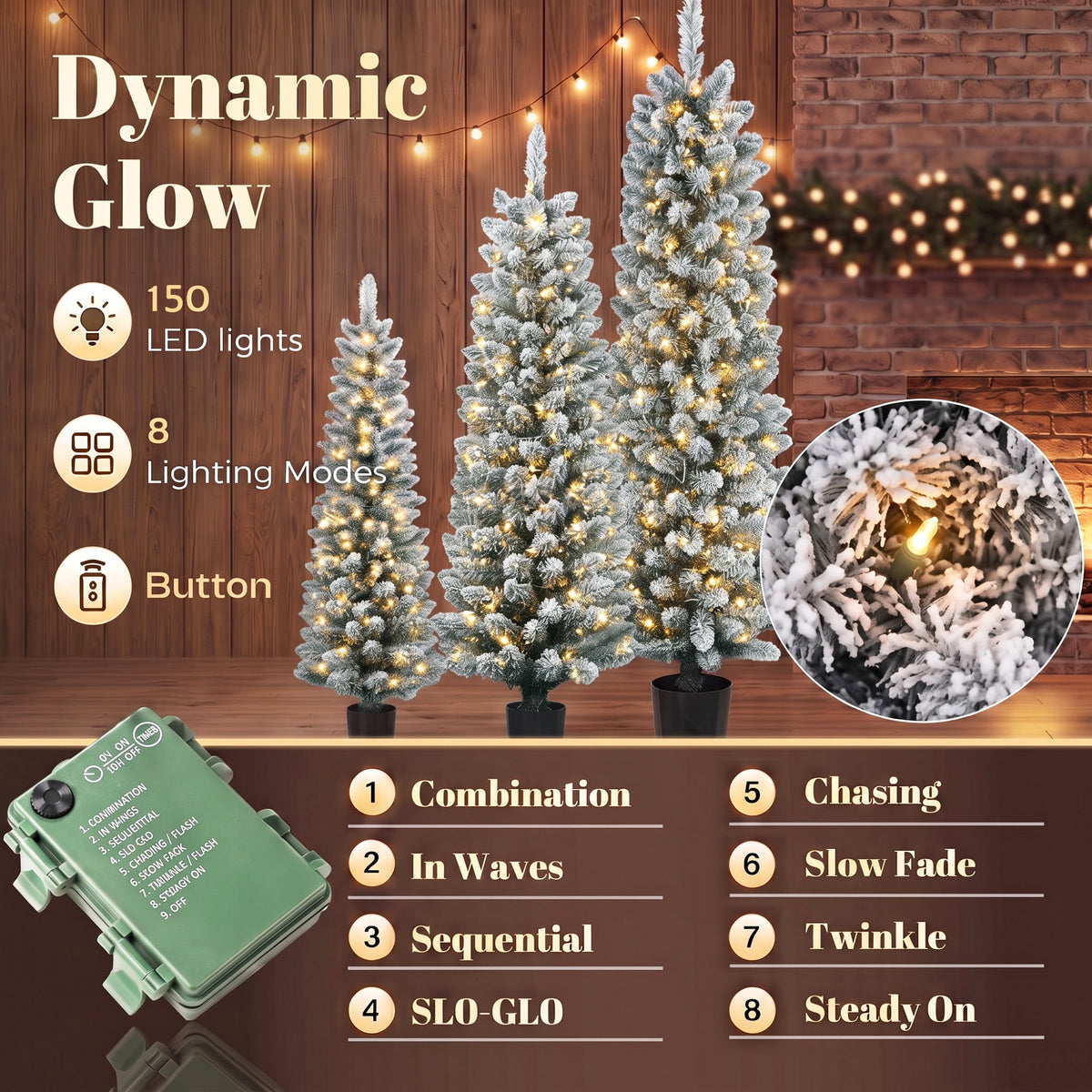 Prelit Snowy Flocked Artificial Christmas Tree Set of 3, Slim Xmas Tree with PVC Tips, Warm White LED Lights, 8 Modes, Space Saving Pencil Xmas Decoration Tree 3FT+4FT+5FT