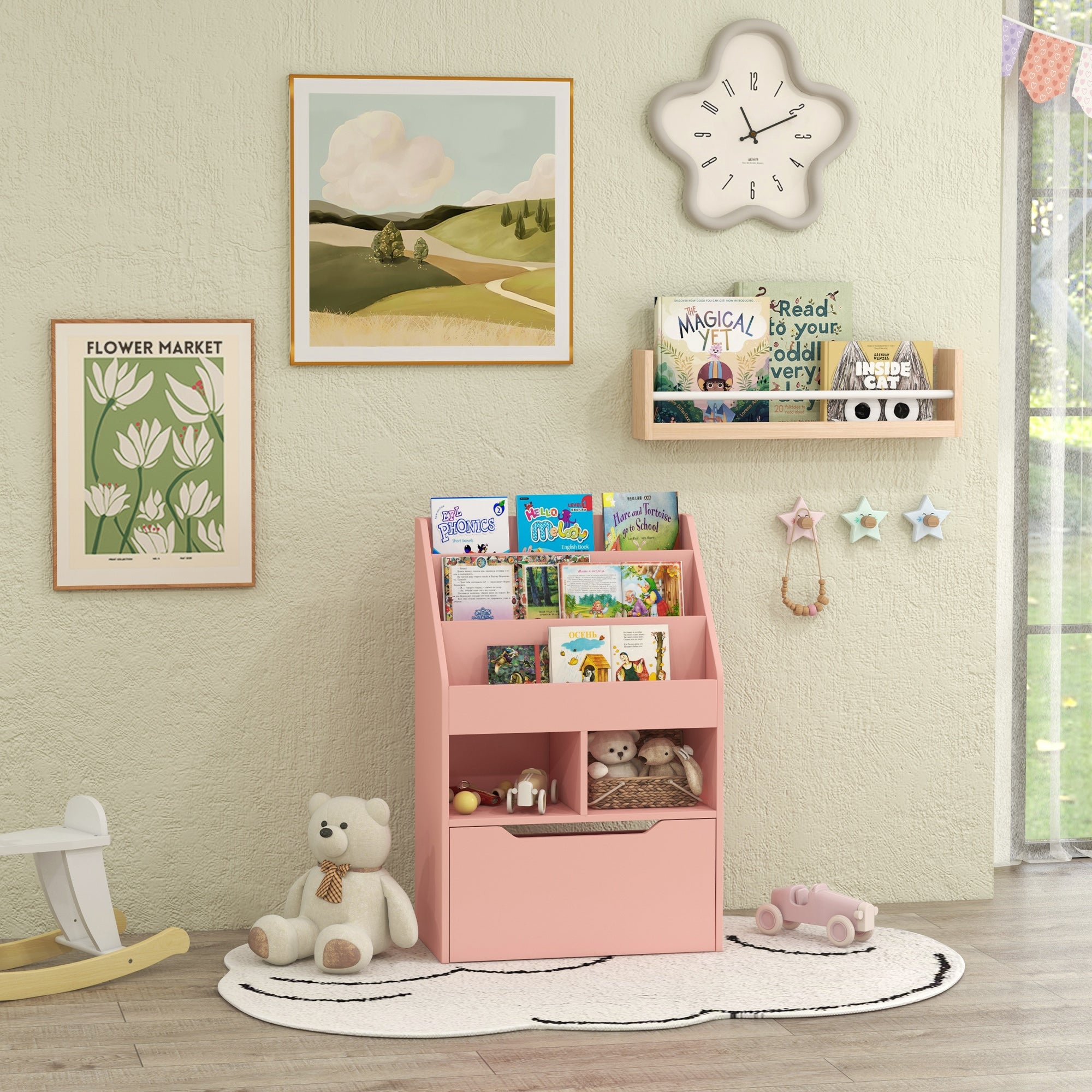 Kids Storage Bookcase Stand w/ Display Shelves & Drawer for Toys & Books, Pink