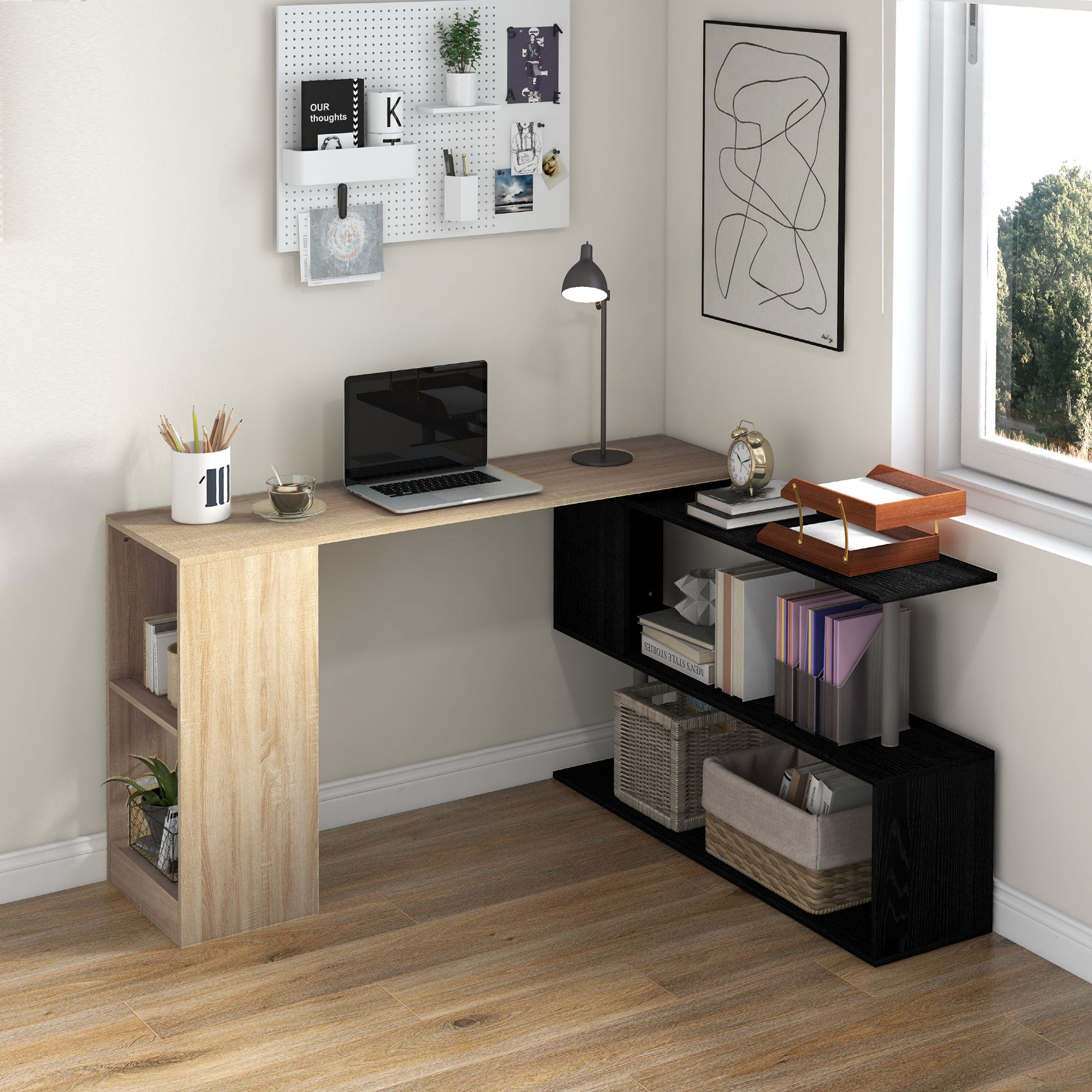 55" L-Shaped Desk, 360° Rotating Corner Computer Desk, Reversible Home Office Workstation with 3-Tier Storage Shelves, Bookshelf, Natural Wood