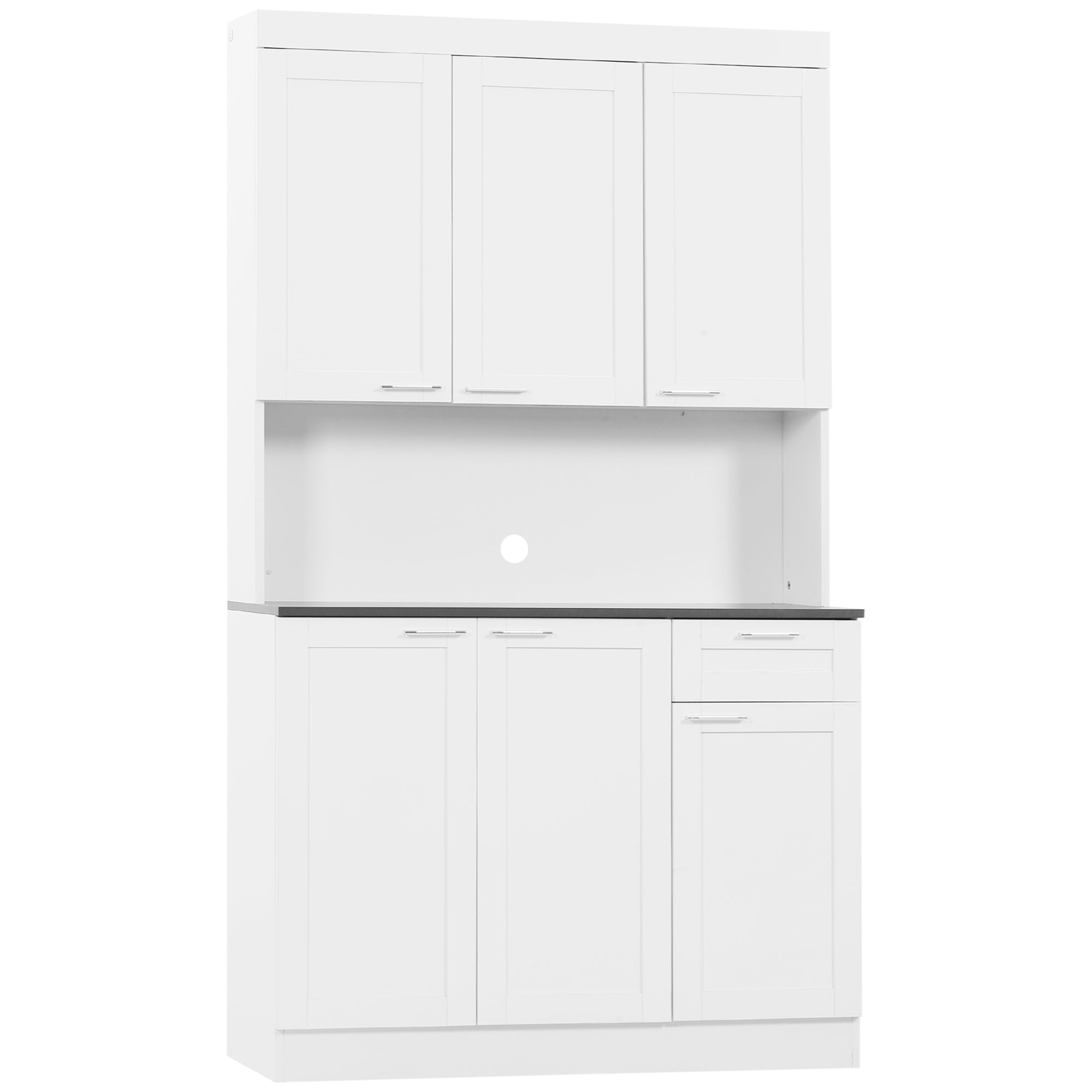 HOMCOM Pantry Storage Cabinet, Kitchen Hutch with Microwave Oven Countertop, Drawer, Adjustable Shelves, Cable Management, High Gloss White