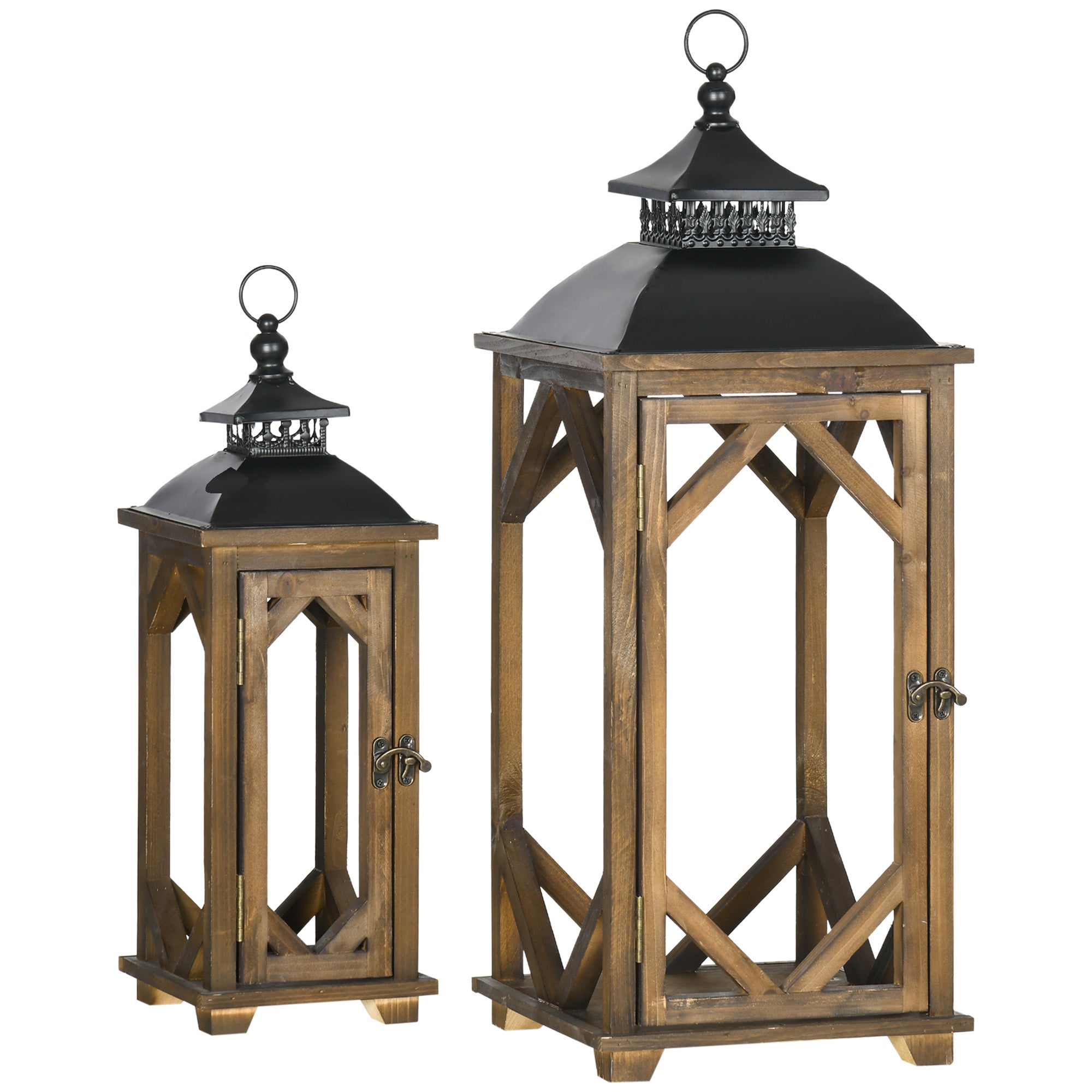 2 Pack 31"/21" Large Rustic Lantern Decorations Hanging Wooden Metal Indoor/Outdoor Lantern Black