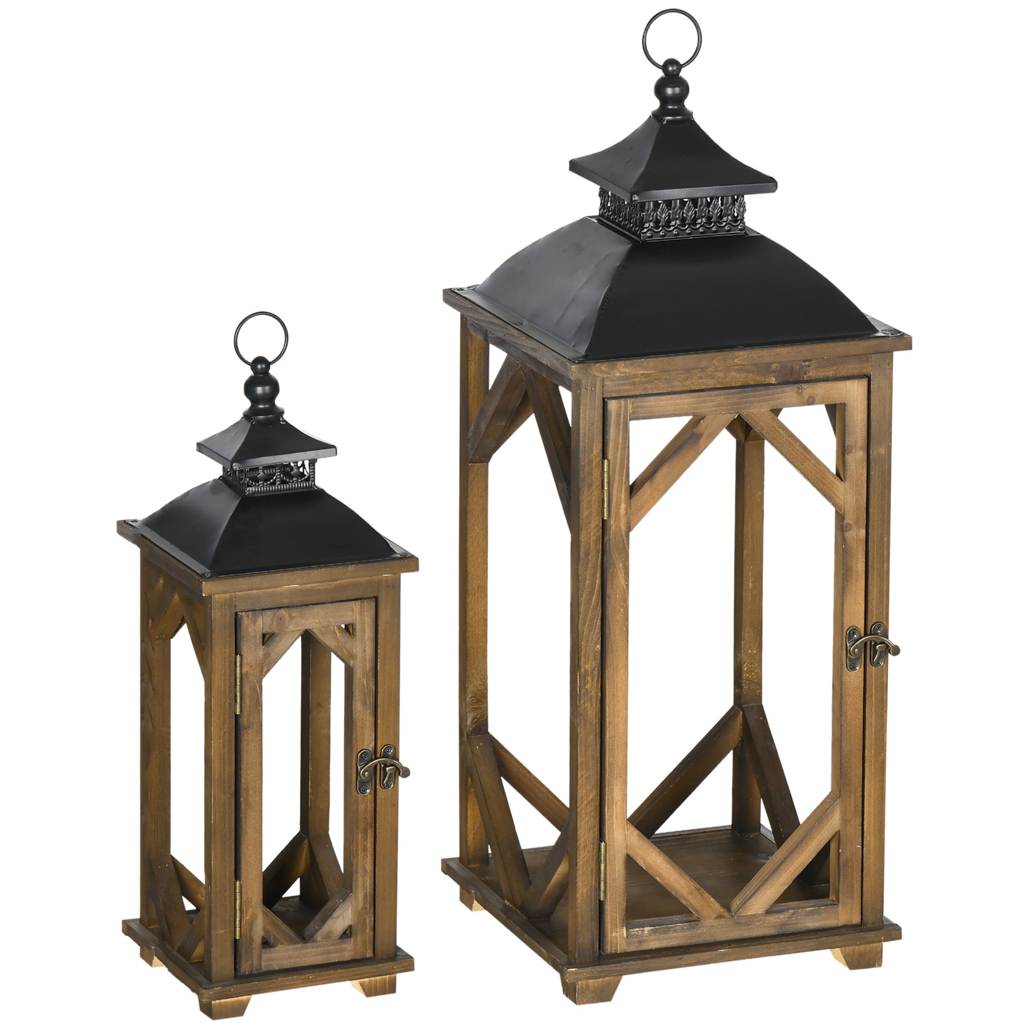 2 Pack 31"/21" Large Rustic Lantern Decorations Hanging Wooden Metal Indoor/Outdoor Lantern Black