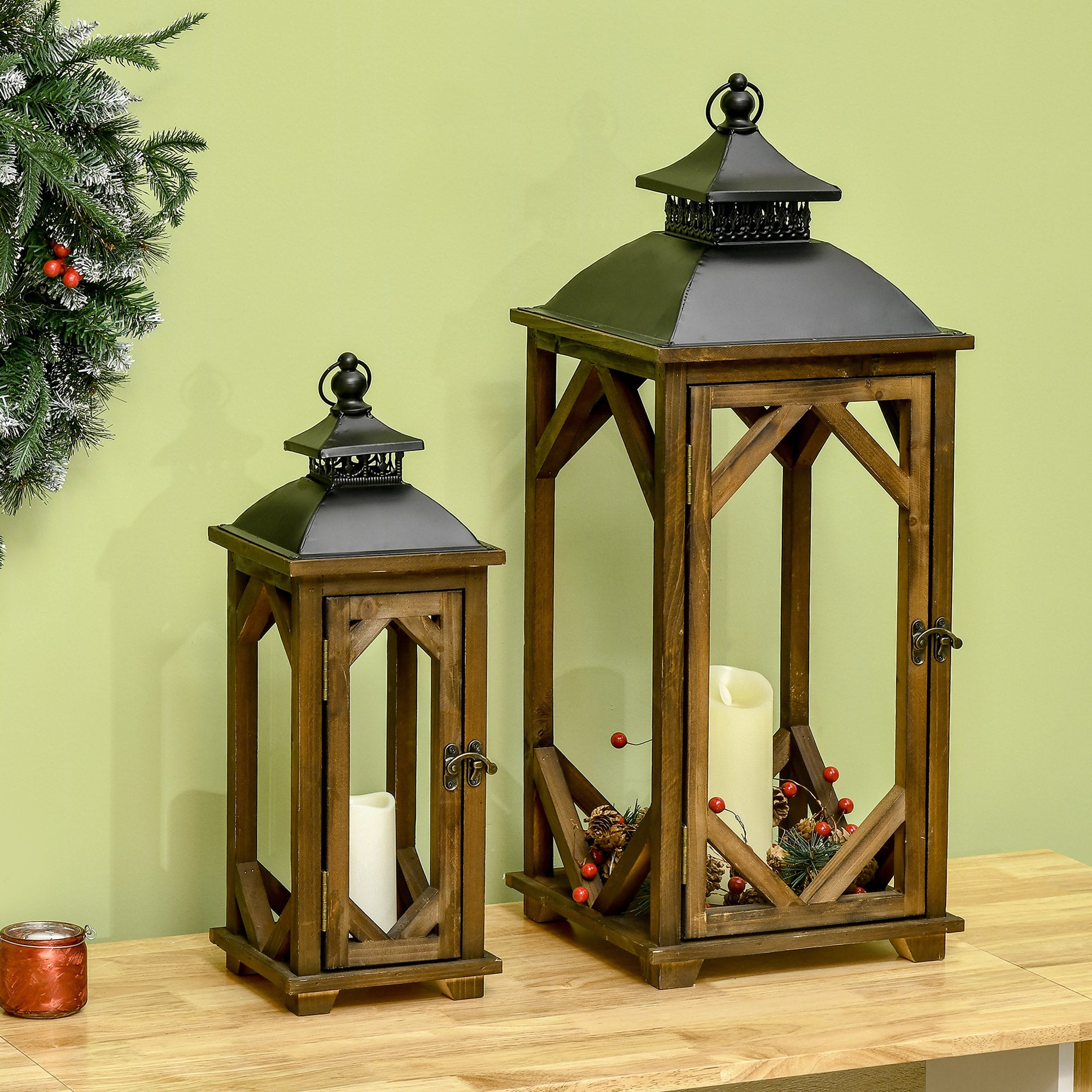 2 Pack 31"/21" Large Rustic Lantern Decorations Hanging Wooden Metal Indoor/Outdoor Lantern Black