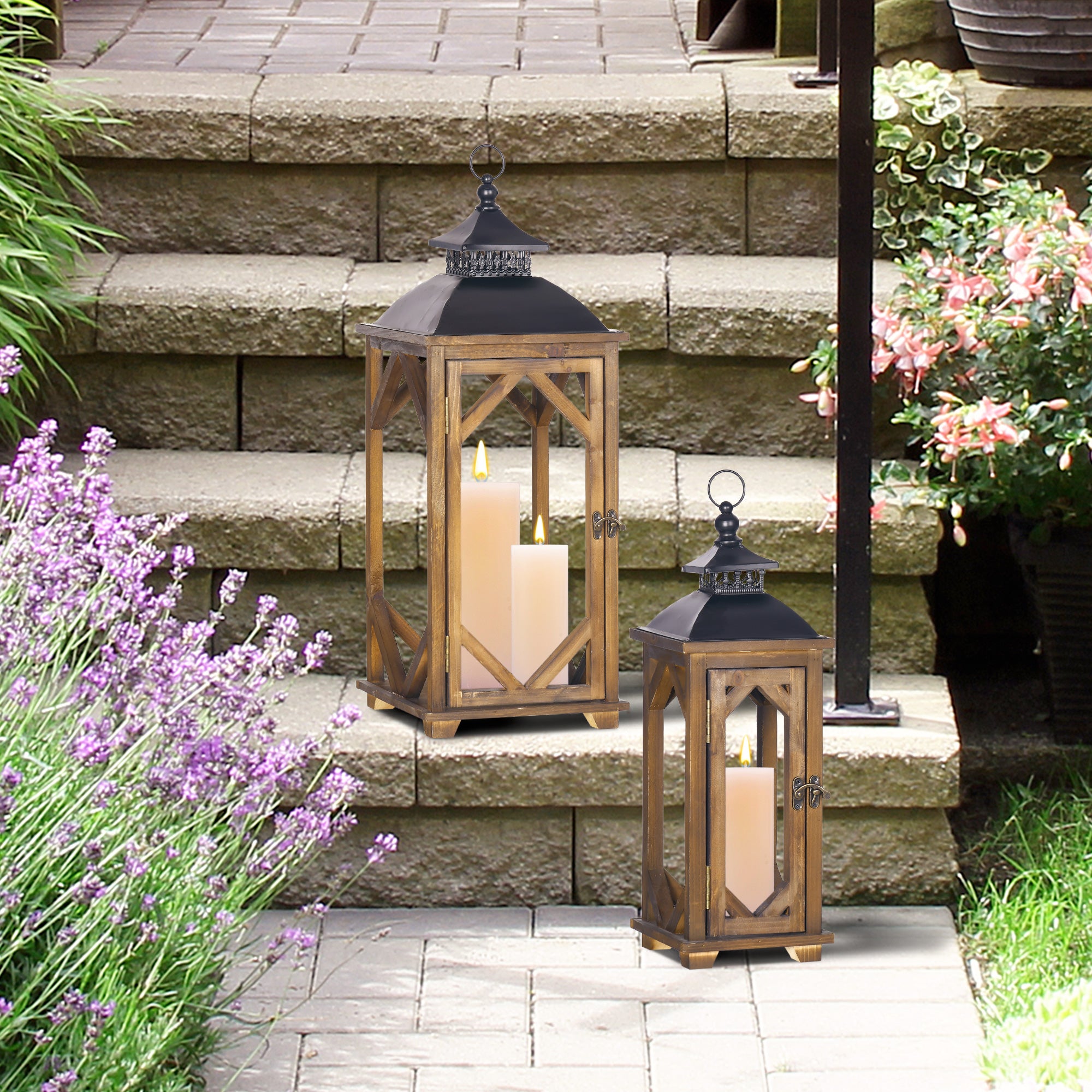 2 Pack 31"/21" Large Rustic Lantern Decorations Hanging Wooden Metal Indoor/Outdoor Lantern Black