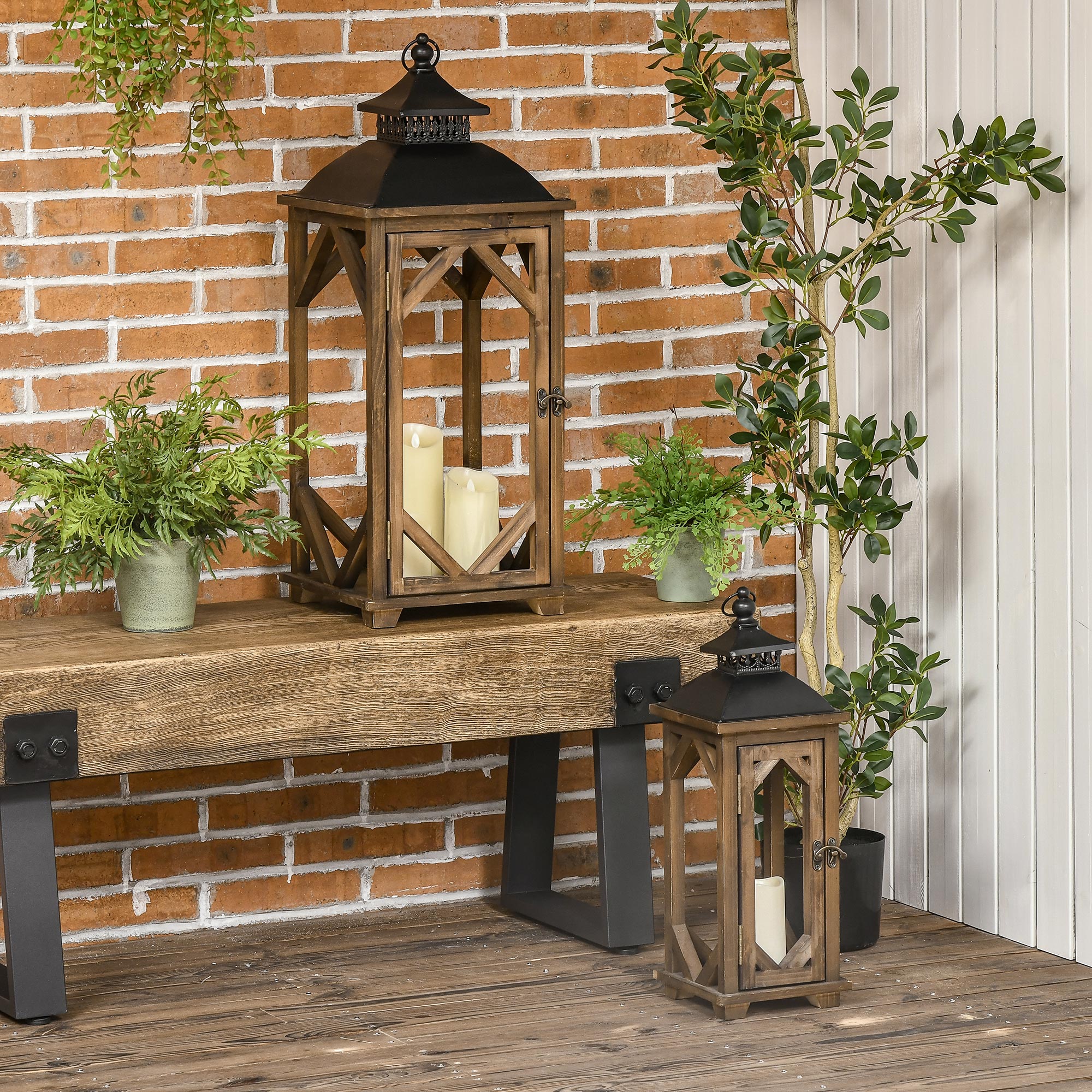 2 Pack 31"/21" Large Rustic Lantern Decorations Hanging Wooden Metal Indoor/Outdoor Lantern Black