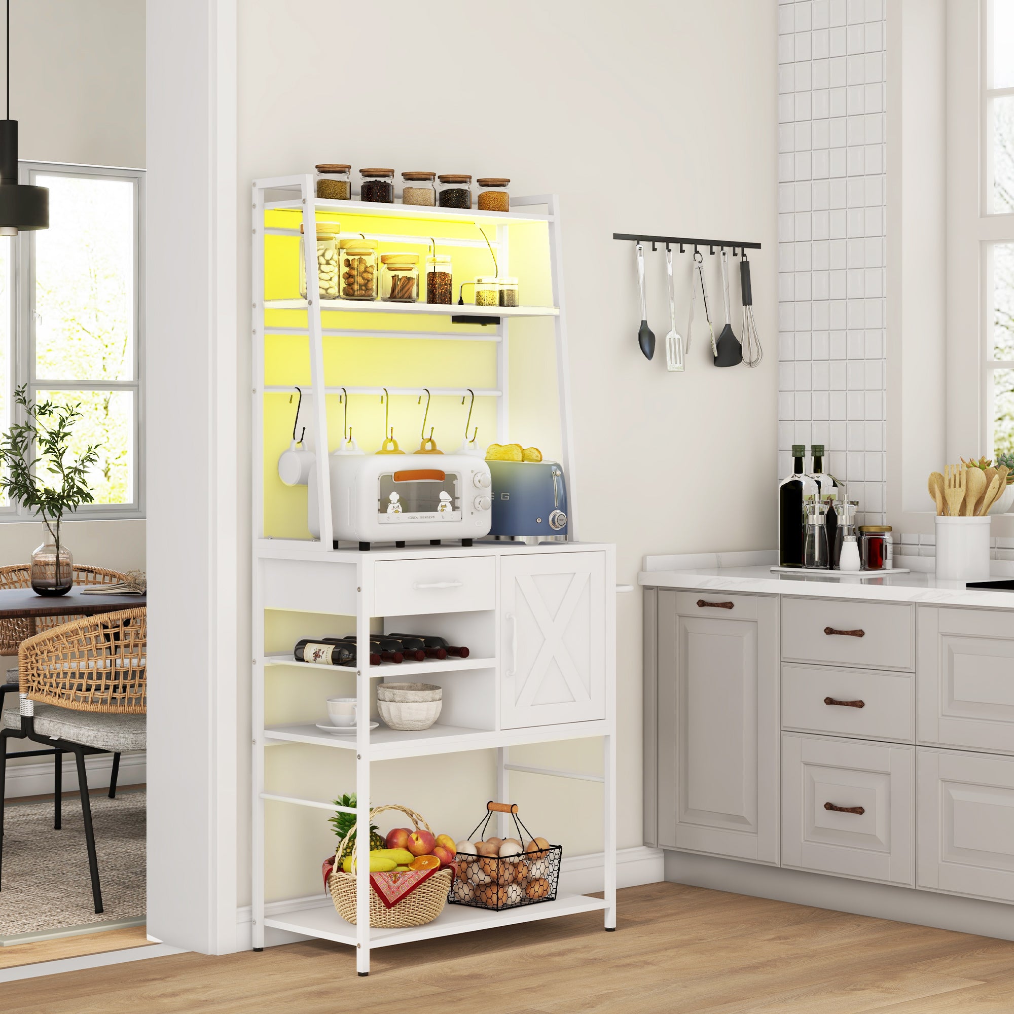 Industrial Kitchen Shelves with Charging Station and LED Lights Storage Rack with Barn Door White