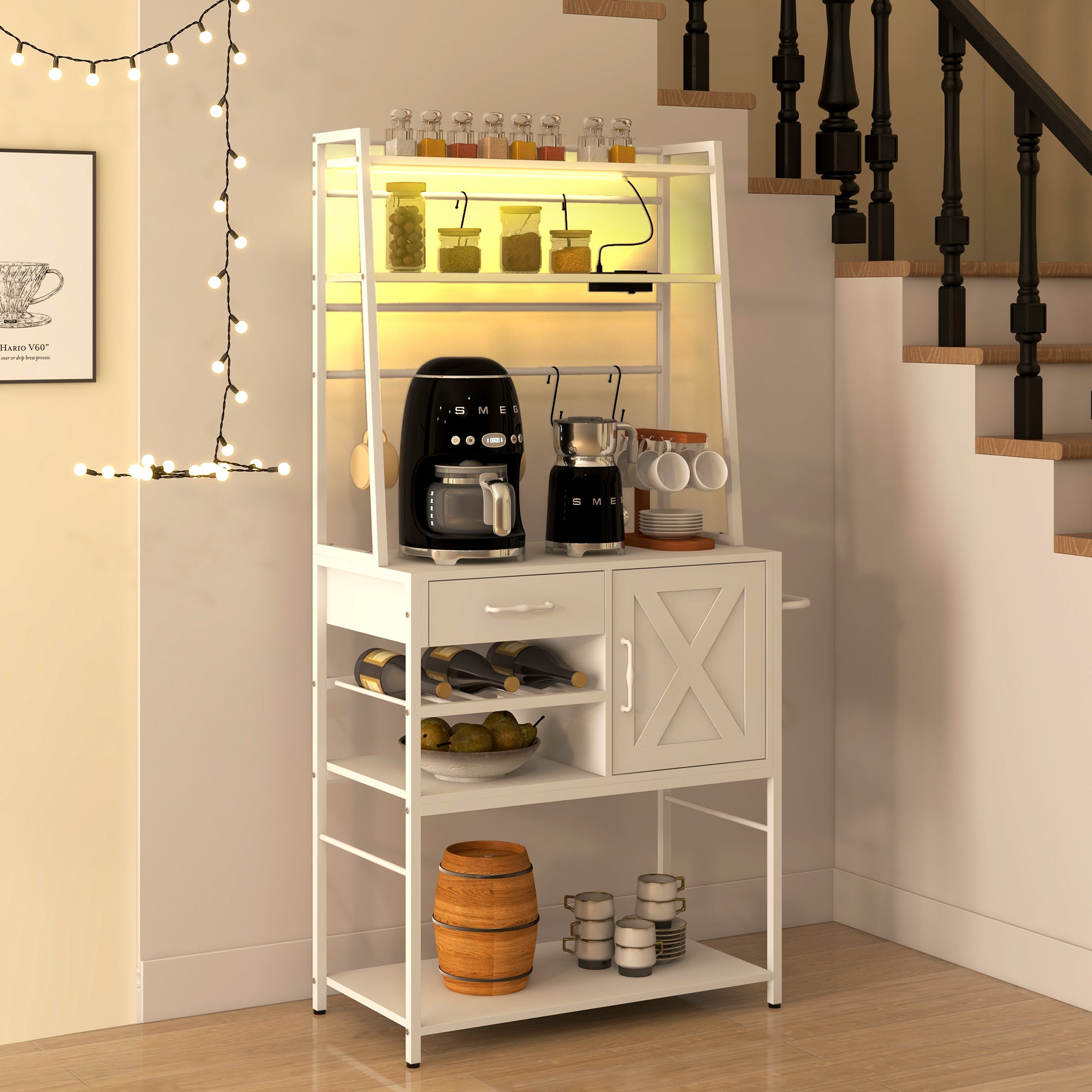 Industrial Kitchen Shelves with Charging Station and LED Lights Storage Rack with Barn Door White