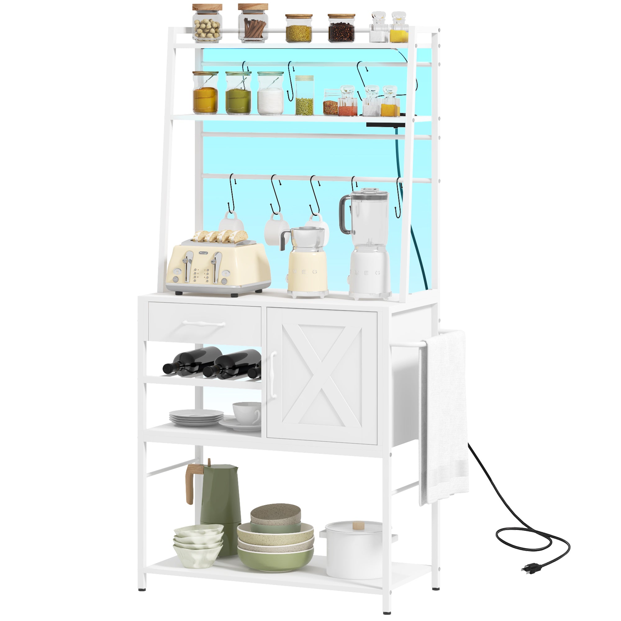 Industrial Kitchen Shelves with Charging Station and LED Lights Storage Rack with Barn Door White