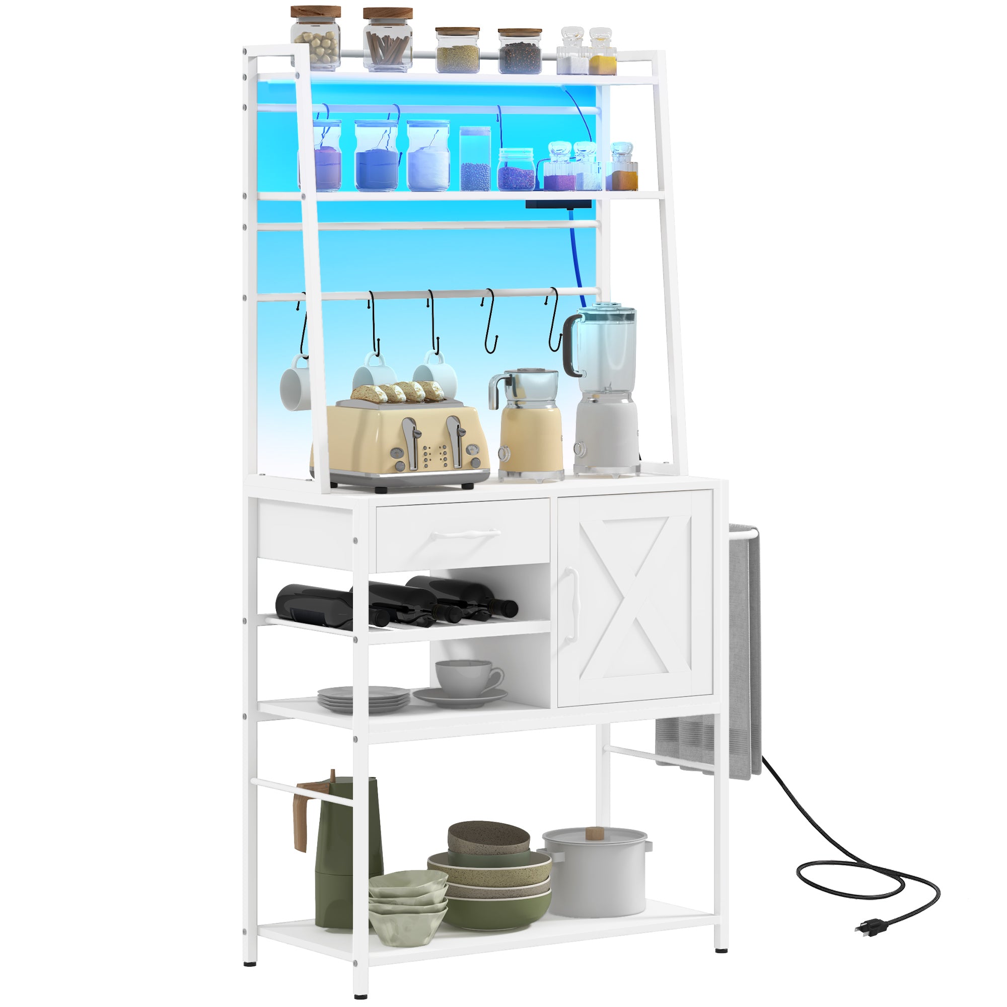 Industrial Kitchen Shelves with Charging Station and LED Lights Storage Rack with Barn Door White