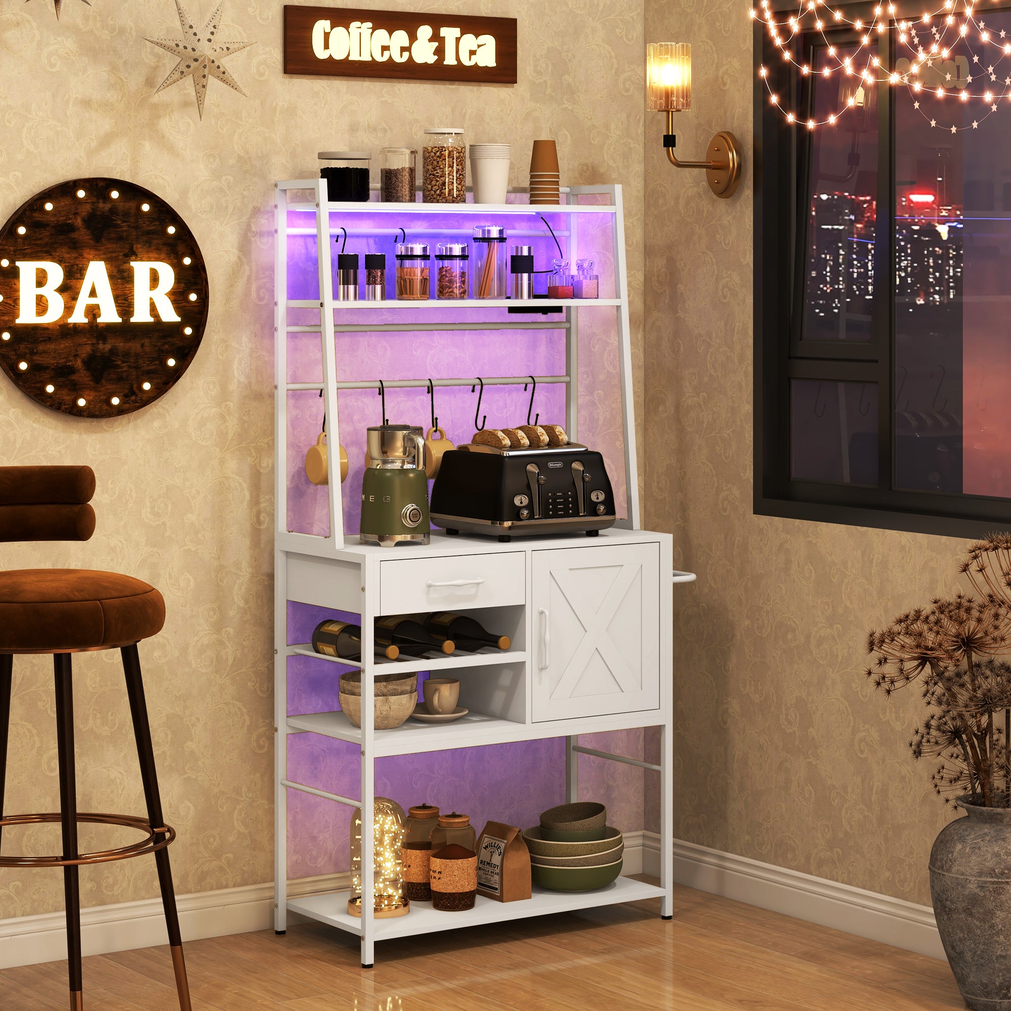 Industrial Kitchen Shelves with Charging Station and LED Lights Storage Rack with Barn Door White