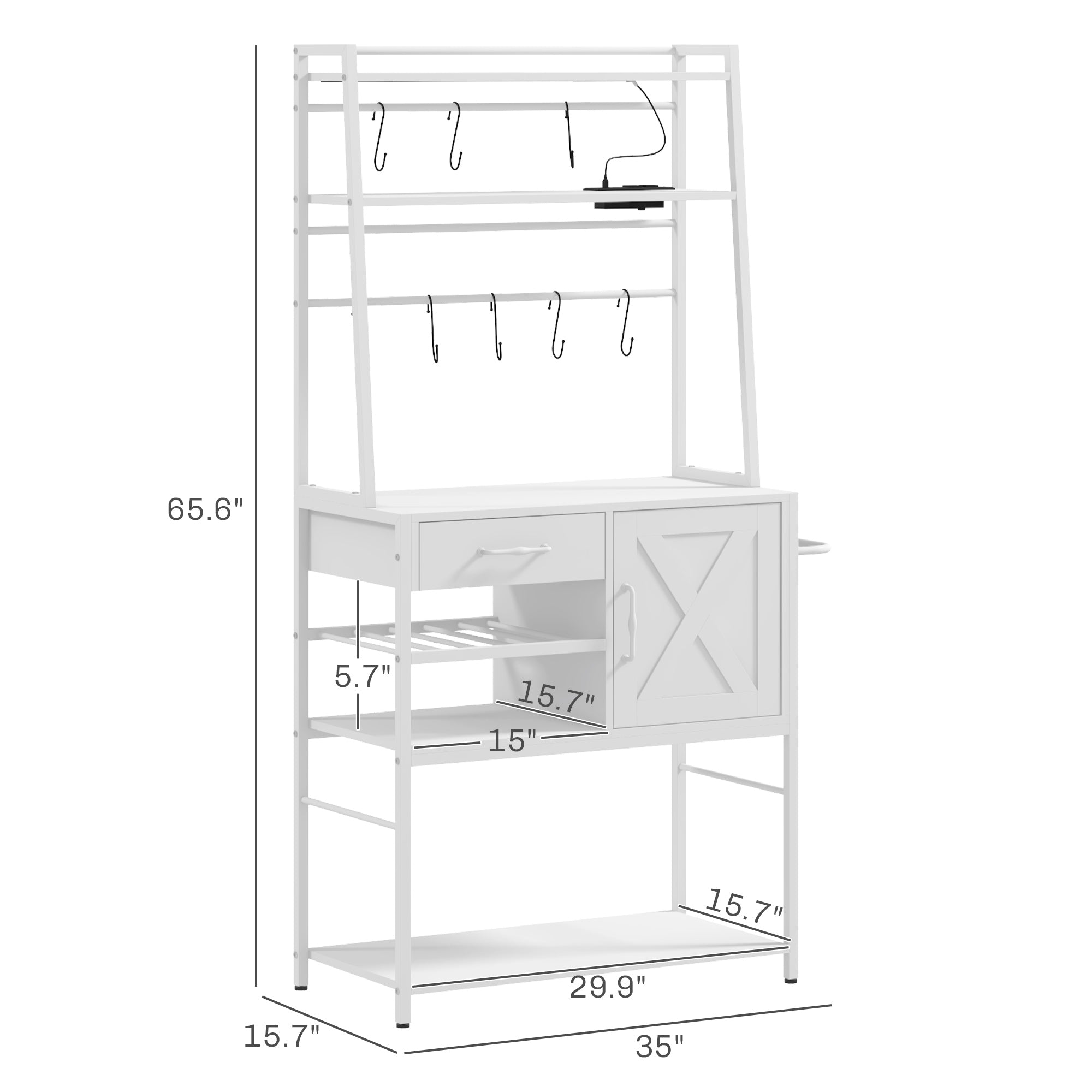 Industrial Kitchen Shelves with Charging Station and LED Lights Storage Rack with Barn Door White