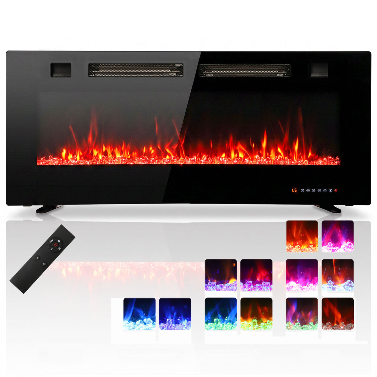 42" Electric Fireplace Insert, Ultra-Thin Recessed, Wall Mounted and Freestanding Fireplace w/ Flame Effect, Adjustable Brightness, Crystal Stone, Remote, 750W/1500W, Black