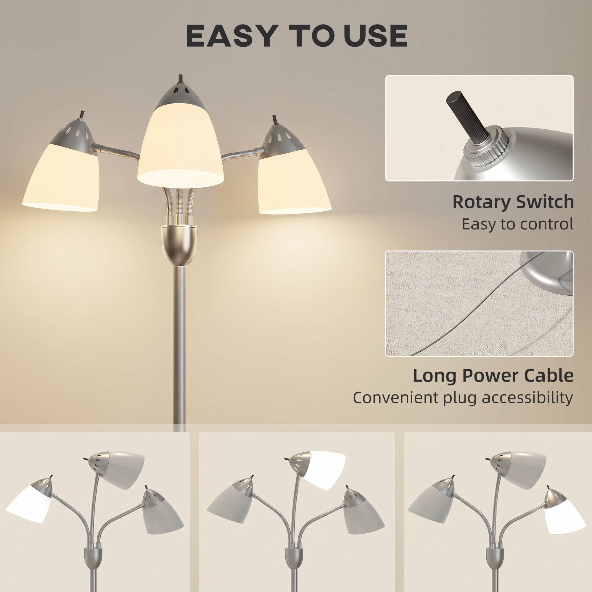 Arc Tree Floor Lamp with 3 Adjustable Rotating Lights, Industrial Standing Lamp with Steel Frame for Bedroom Living Room, 155cm, Silver Tone