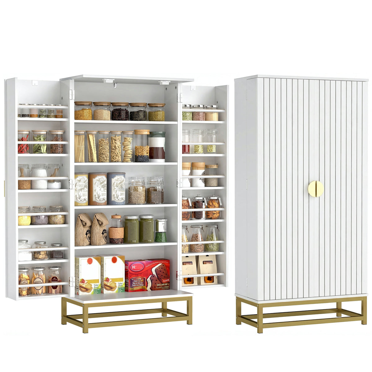 47" Kitchen Pantry Cabinet, Modern Freestanding Buffet Storage Cabinet with 12 Door Shelves, Adjustable Shelves and Beadboard Doors, White