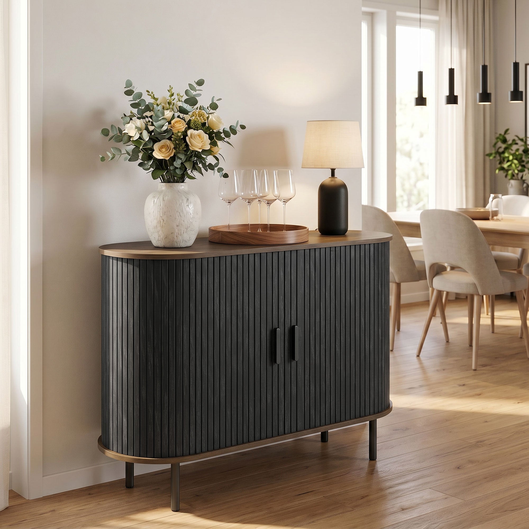 Sideboard Buffet Cabinet with Curved Tambour Doors, 39.4" Farmhouse Coffee Bar Cabinet with Shelves and Side Slots, Brown Wood Grain and Black