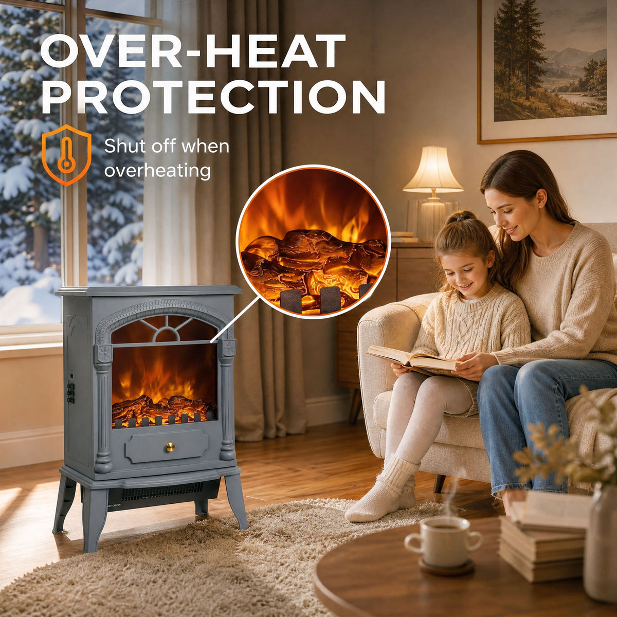 Electric Fireplace Stove Heater with 3D Flame Effect, 2000W/1000W, Freestanding Portable Fireplace with Adjustable Thermostat, 2 Heat Settings for Living Room, Grey