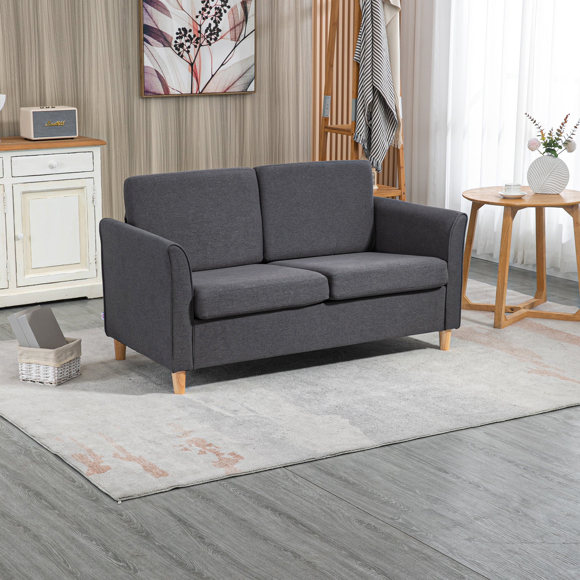 HOMCOM 2 Seater Sofa, Compact Loveseat, Fabric Couch with Wood Legs and Armrest, for Living Room and Home Office Dark Grey
